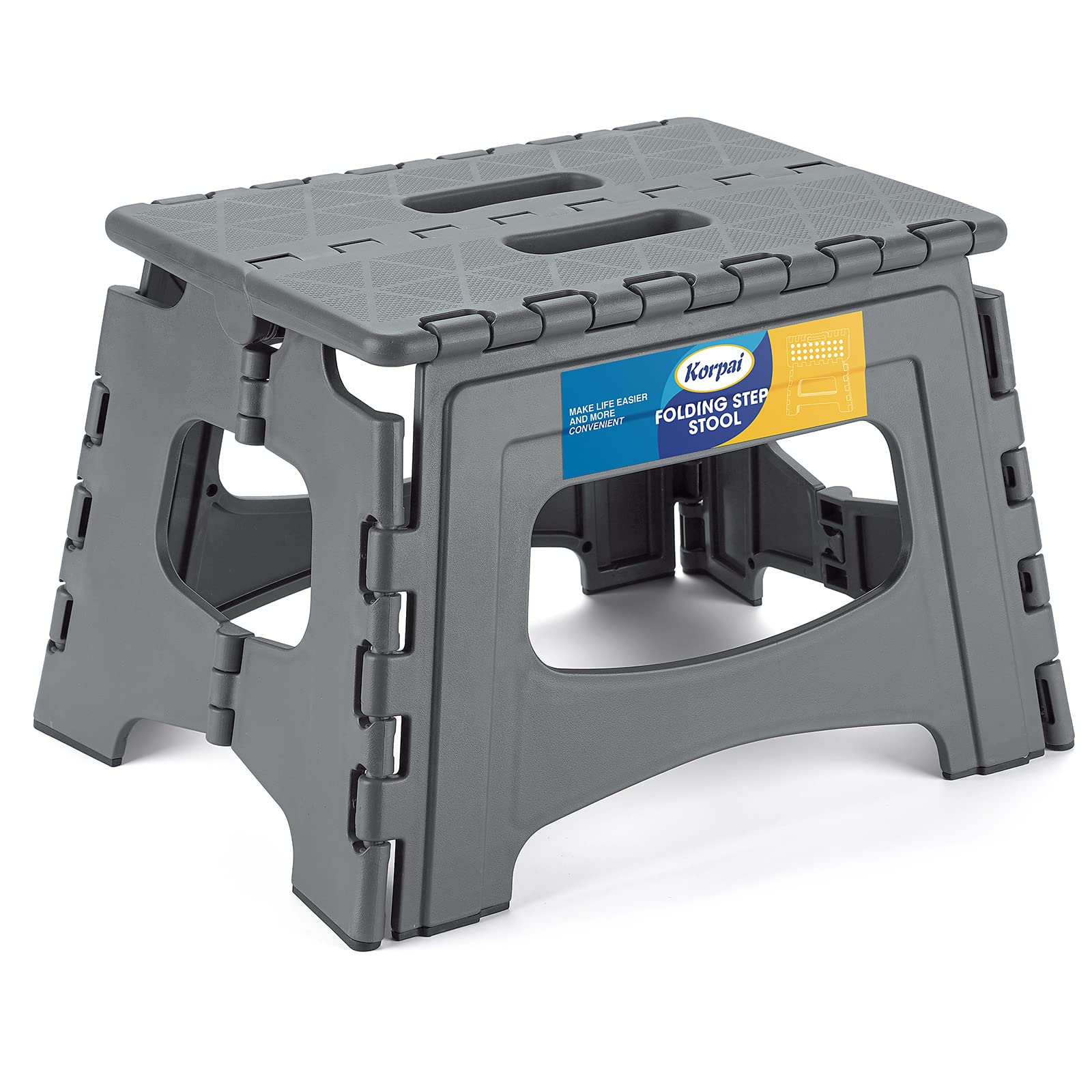 Korpai2022 Upgrade 9" Folding Step Stool for Adults and Kids Holds Up to 300 lbs ,Non-Slip Folding Stools with Portable Handle, Compact Plastic Foldable Step Stool for Bathroom, Kitchen,Grey,1 PC