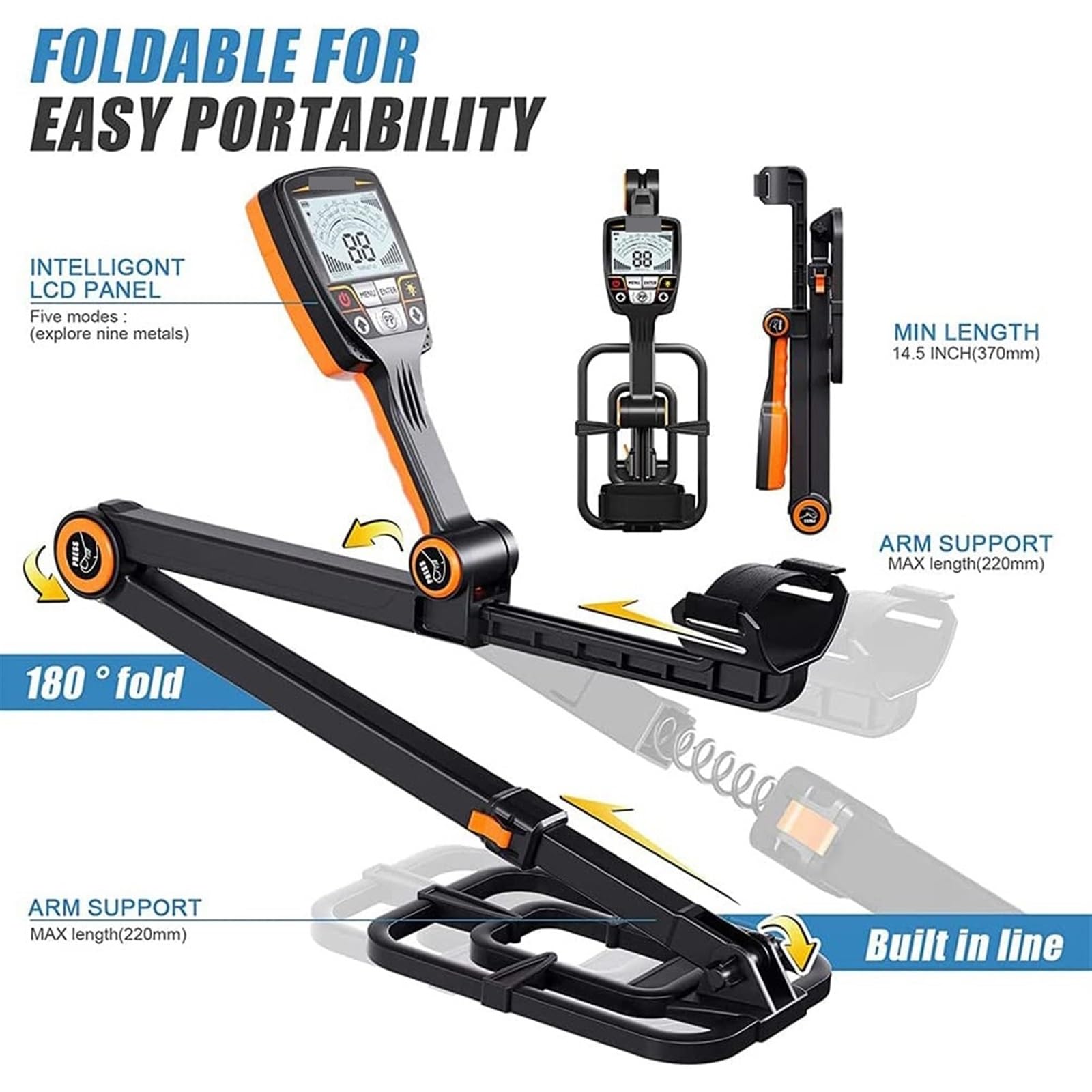 Faltbarer unterirdischer Metalldetektor, Verstellbarer Klappmetalldetektor mit hochpräziser, wasserdichter Suchspule, LCD zur Goldsuche