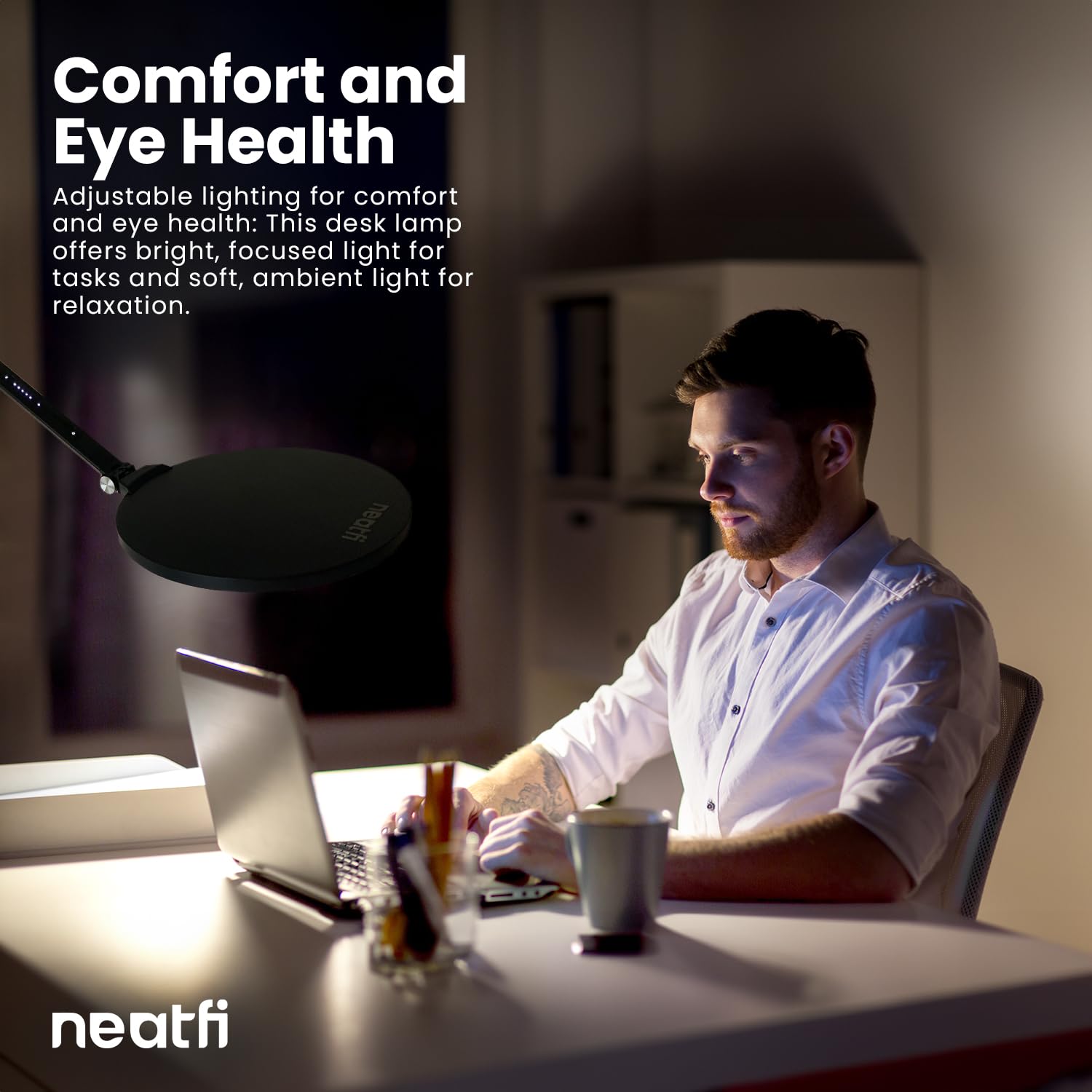 Neatfi LED-Tischlampe/Schreibtischlampe, Dimmbar mit 5 Helligkeitsstufen, 10W, USB-/Plug-betrieben (Mit Handyhalterung und Standfuß, Schwarz)
