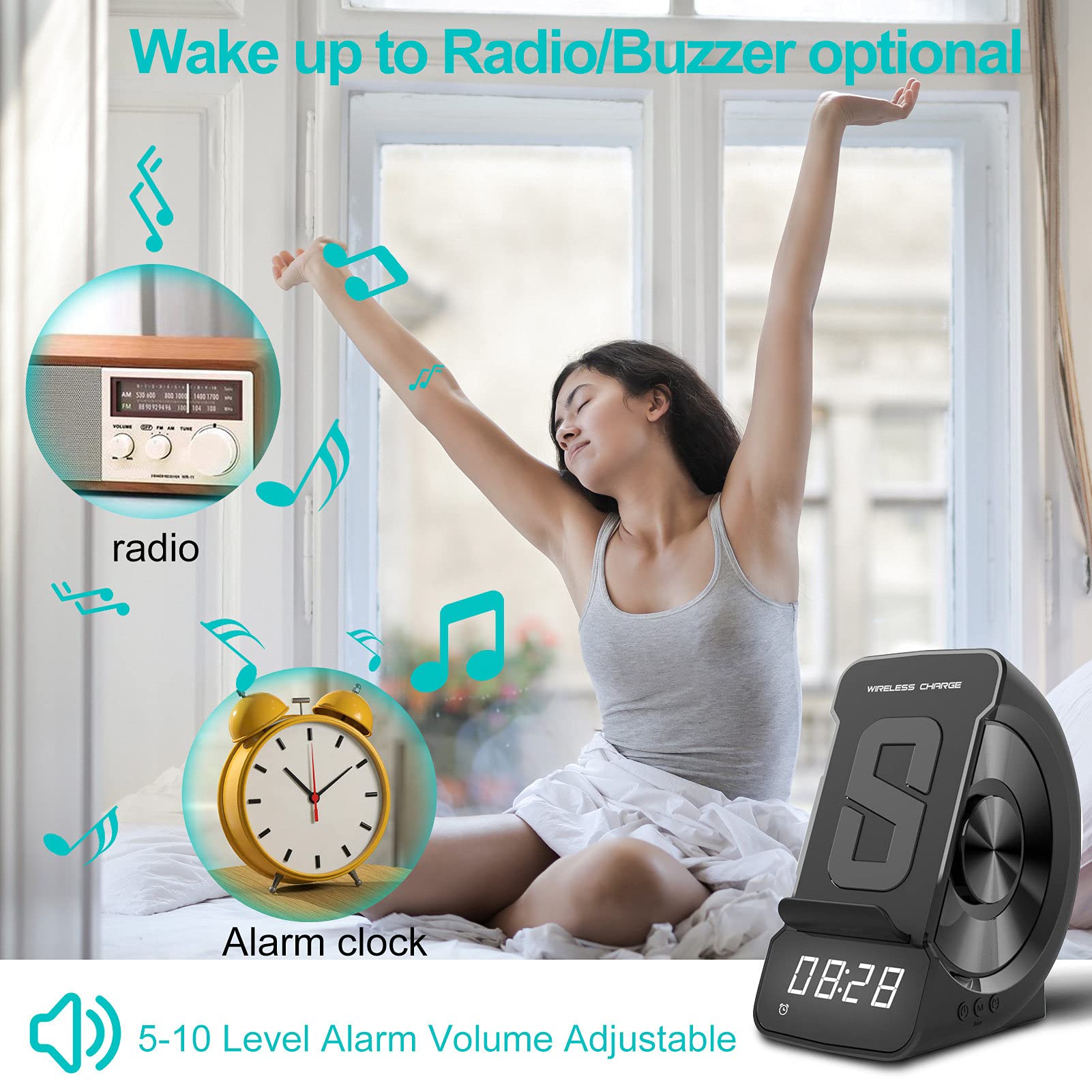 Cargador inalámbrico WD-200 Altavoz compatible con Bluetooth Pantalla LED digital Reloj despertador Estación de carga de radio con soporte para el dormitorio y la oficina