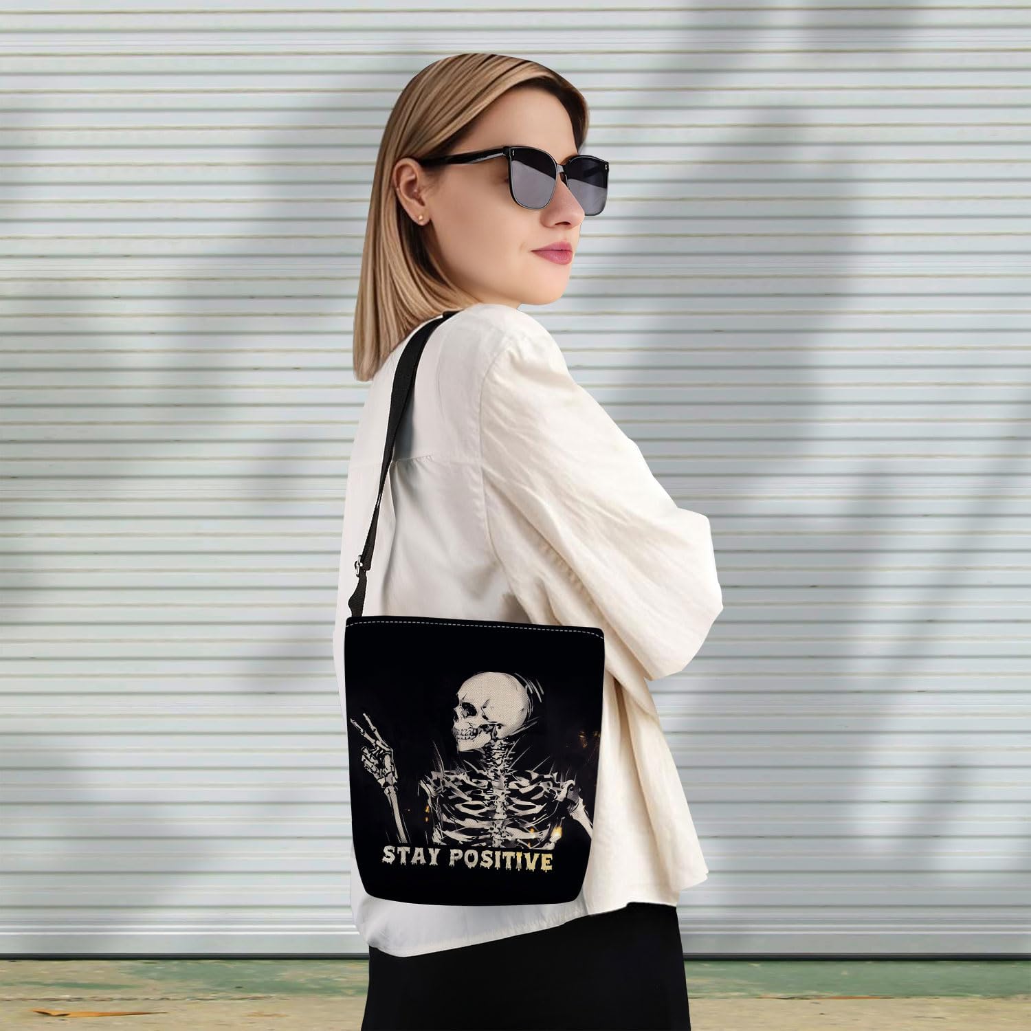 Positive Skull Print Canvas Crossbody Bag, Adjustable Strap Lightweight Purse with Top Zipper & Inner Pocket, Daily Shoulder Bag Gift for Women - Image 7