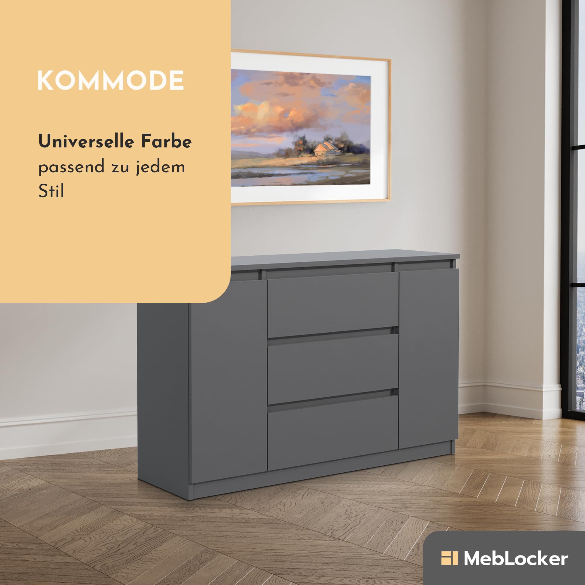 Kommode mit 3 Schubladen 2 Schranktüren 120 cm Ideal für Wohnzimmer, Schlafzimmer, Kinderzimmer und Büro Moderne Elegante Lösung für stilvolle Aufbewahrung (Anthrazit)