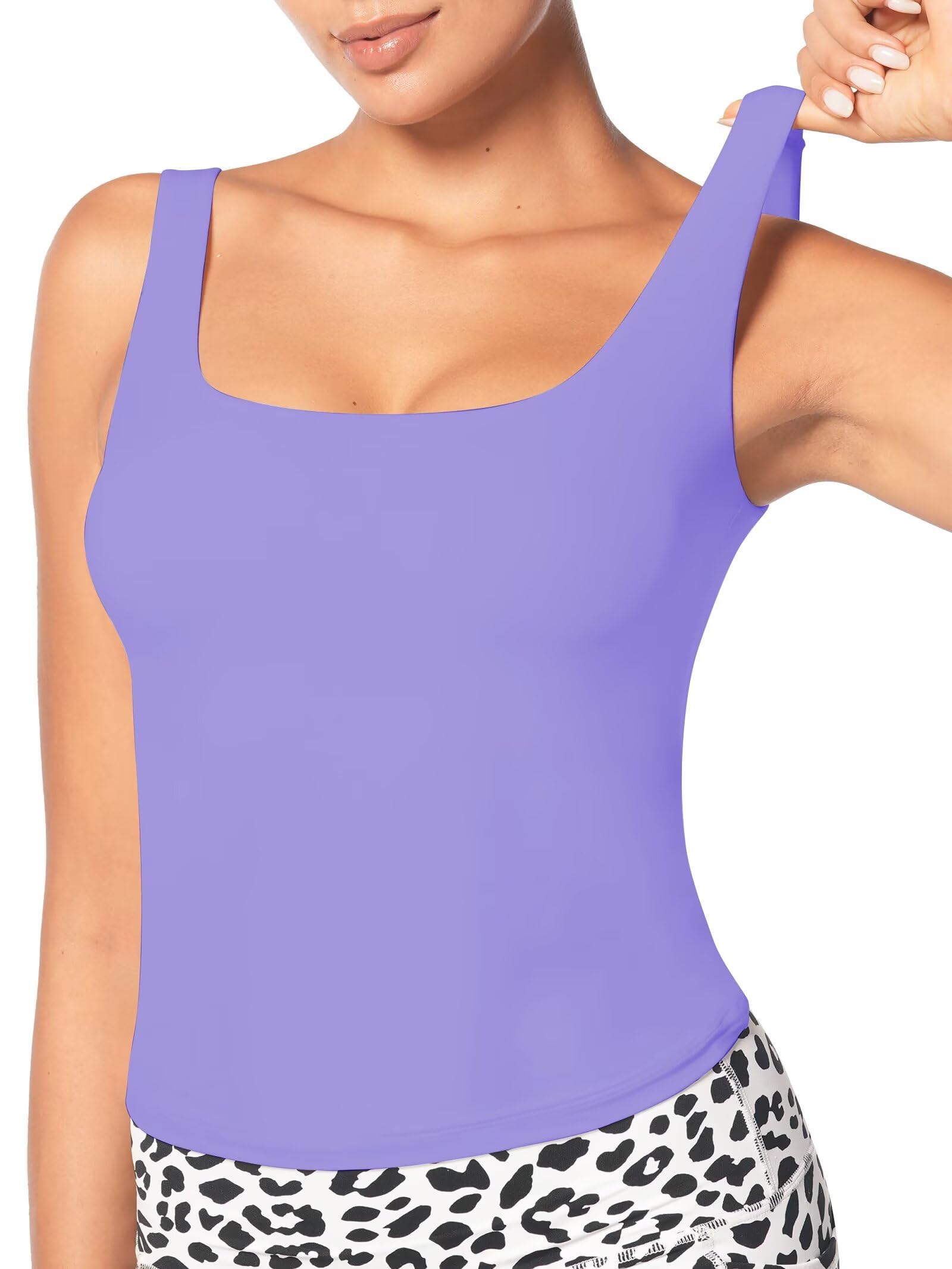 Sunzel Women's Square Neck Tank Top Longline Workout Yoga Sleeveless Double Lined Basic Tight T Shirts Going Out Casual Tops