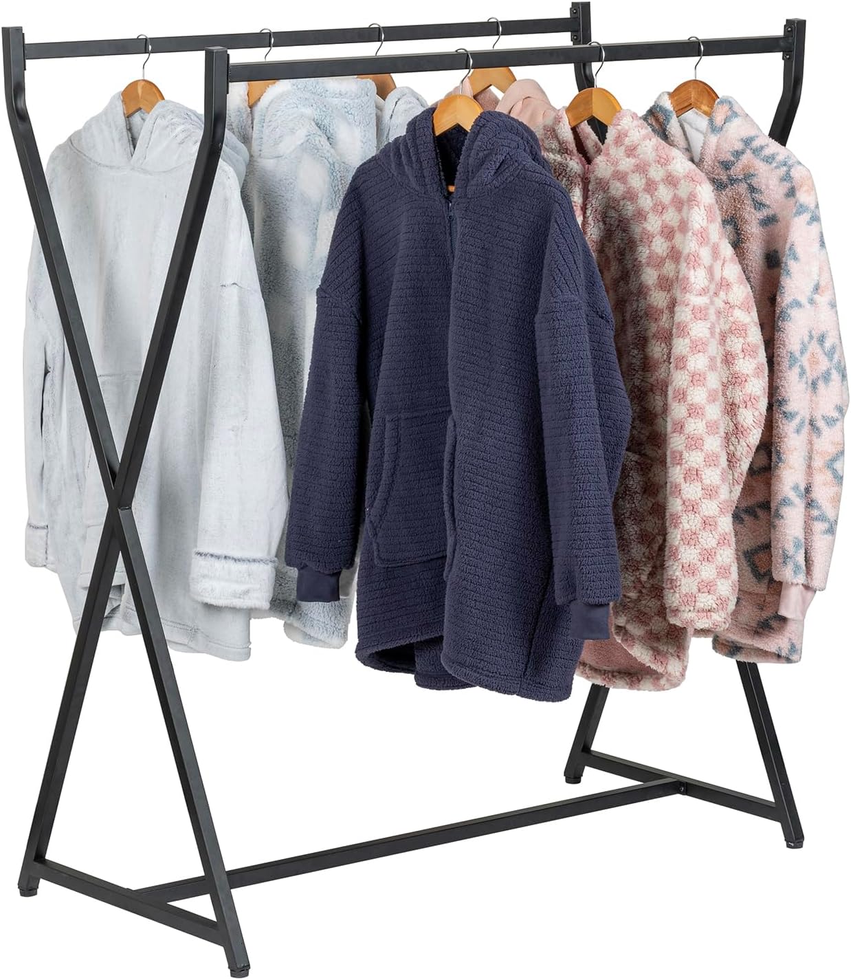 MyGift 56 Inch Tall Heavy Duty Matte Black Metal Double Rod Clothing Rack, Commercial Grade Dual Bar Freestanding Garment Hanger for Wardrobe Closet or Retail Display