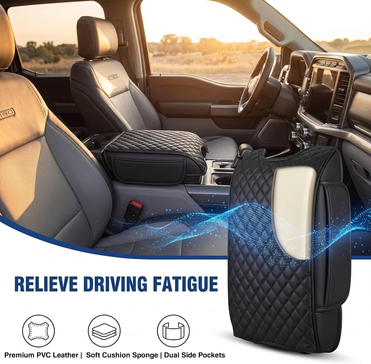 Center Console Cover Custom Fit for Ford F150 2015-2020, Armrest Cover for F250 F350 2017-2022 (Bucket Seat) W/Side Pocket, Waterproof Leather Armrest Pad, Car Interior Pet Scratch Protector