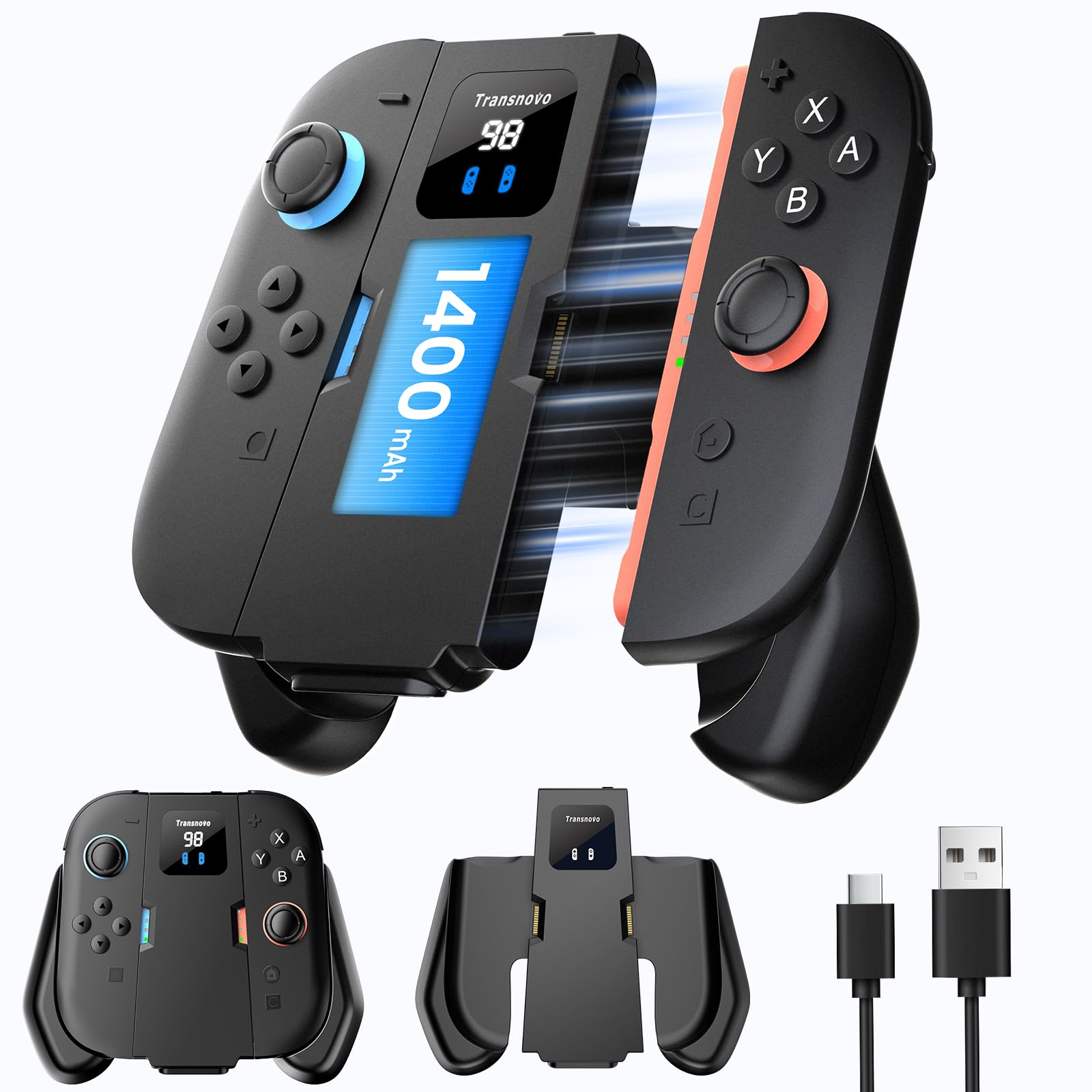 TRANSNOVO Interruttore 2 Impugnatura di Ricarica Compatibile con Nintendo Switch 2 Joycons (2025) (Tipo C 1 m) (nero, Tipo C+1400 mAh) - 2