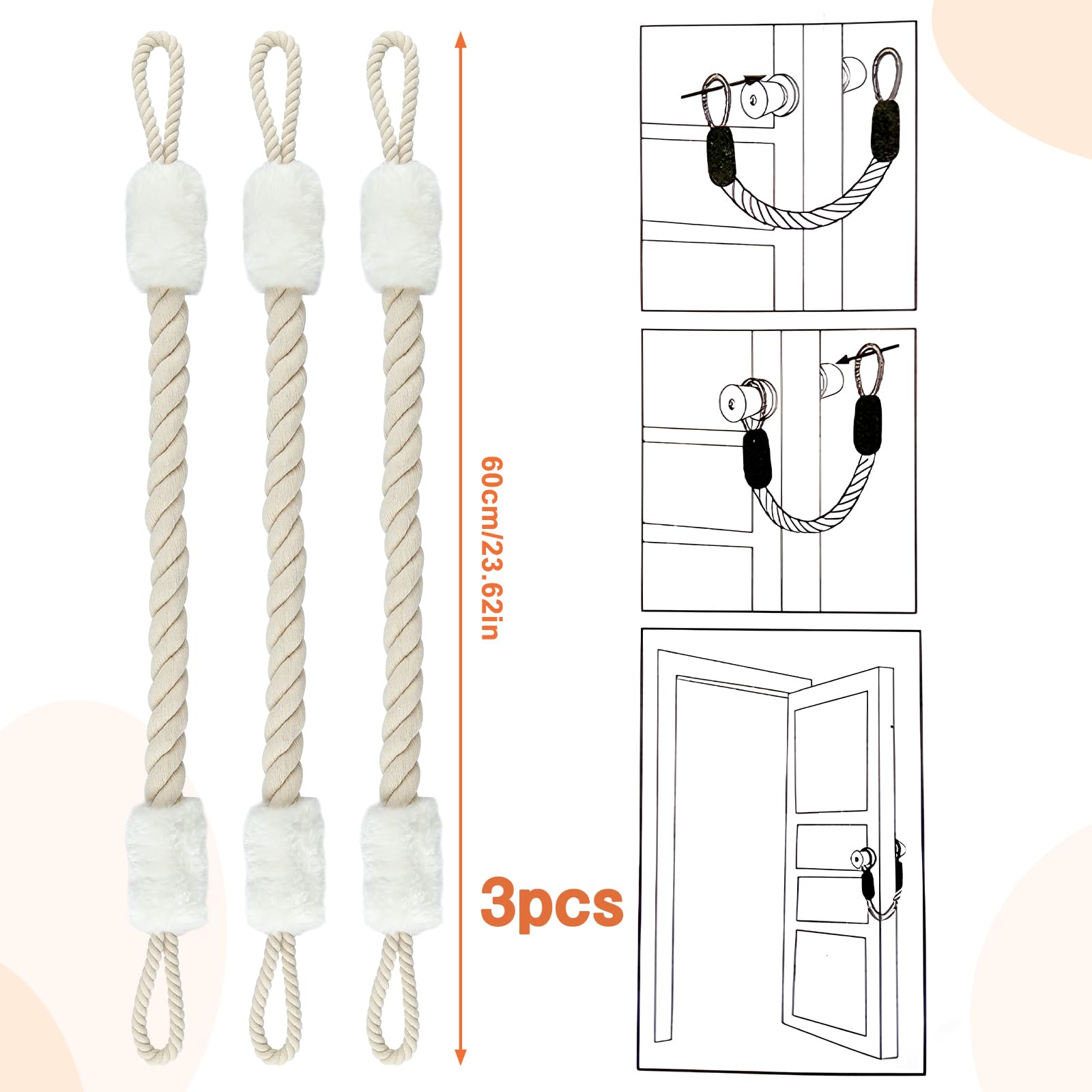 3 stopery do drzwi, bawełna, ochrona przed zaciskiem, ochrona przed zaciskiem, 60 cm, ochrona przed zaciskiem, stoper do drzwi, klamka, materiał dla zwierząt domowych i dzieci, ochrona palców (biały)