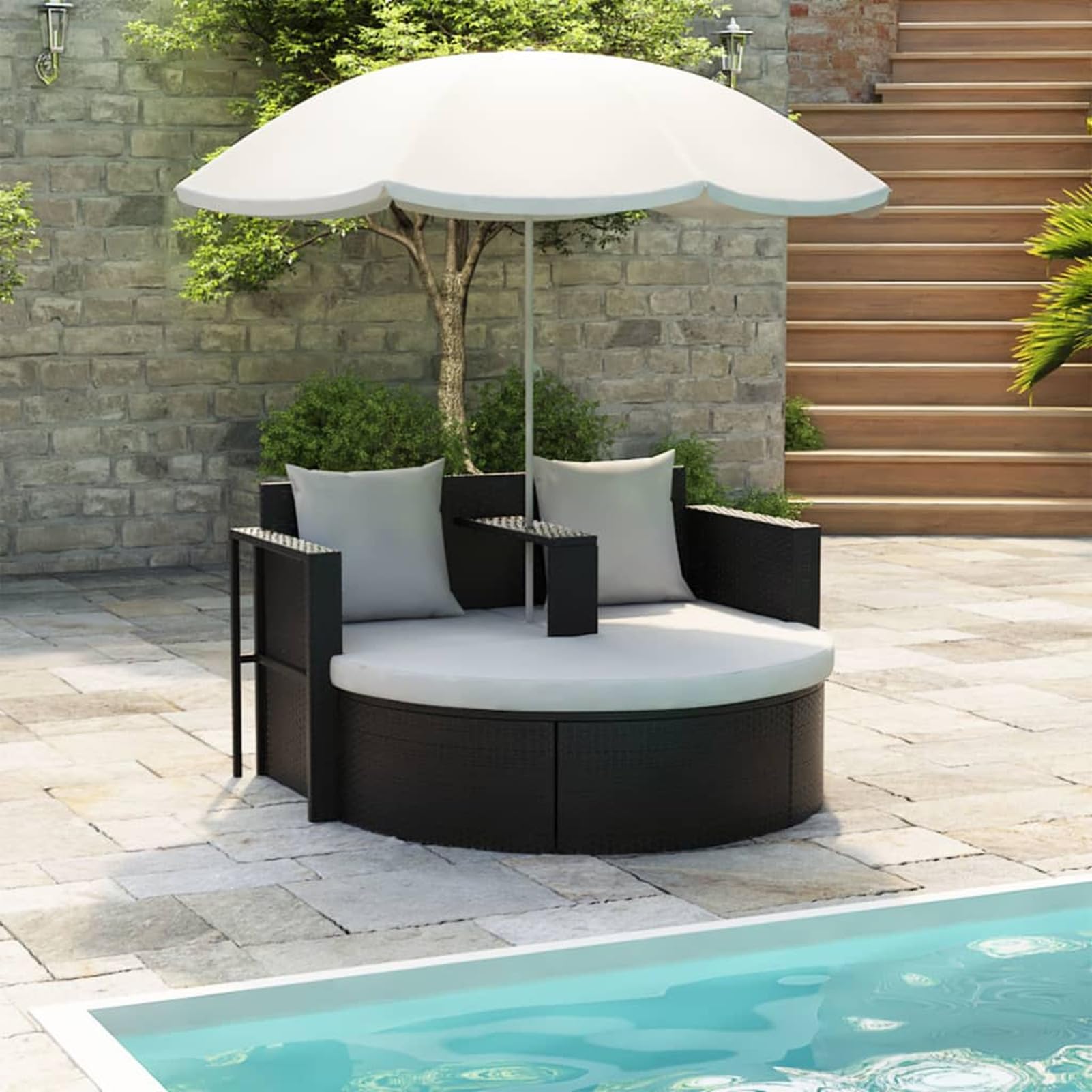 JUNZAI Cama de jardín con sombrilla, Cama Exterior Jardin, Tumbona Jardin Exterior, Cama Balinesa, Sofa Exterior, de ratán sintético Negro