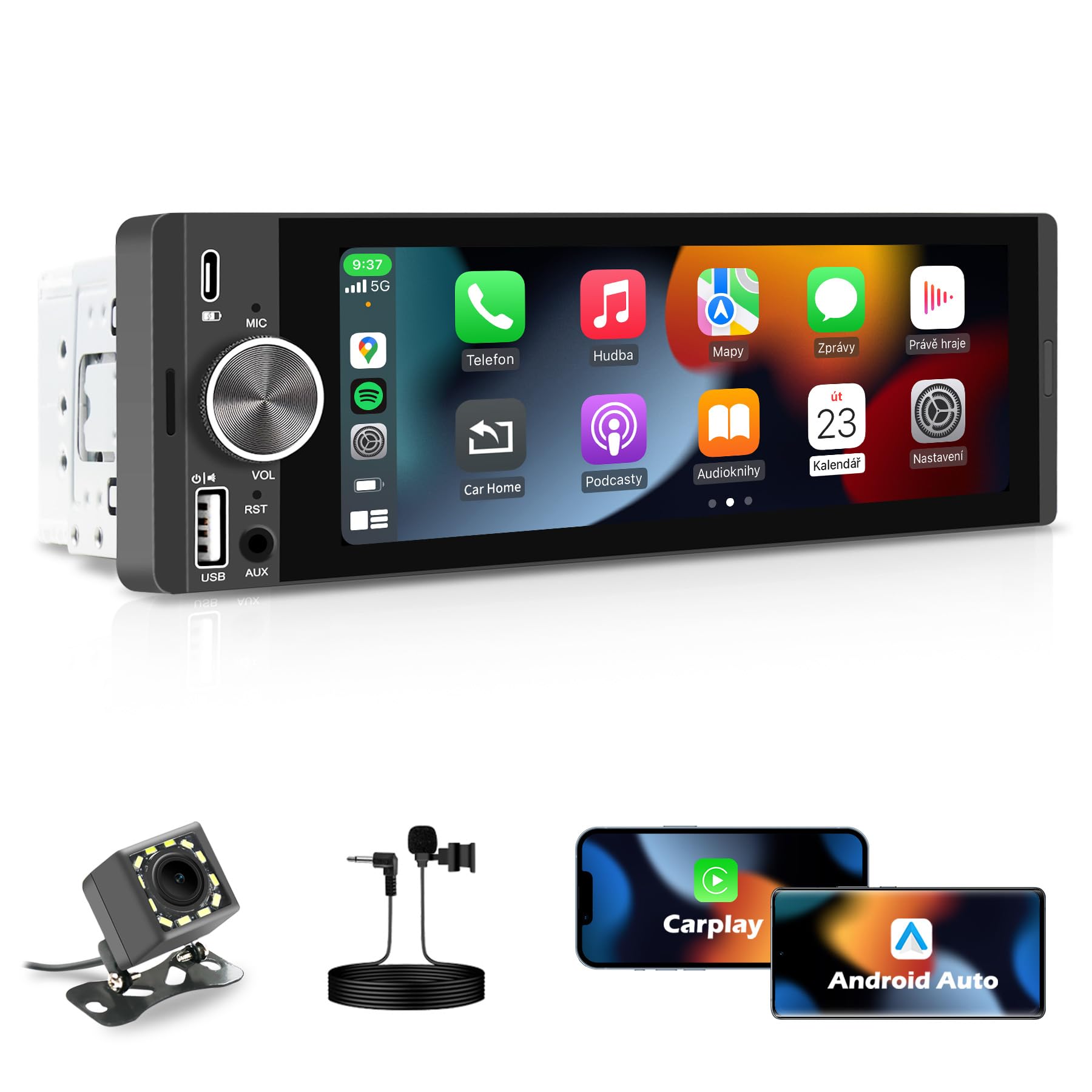 Autoradio mit Bildschirm, Single-DIN, Kabelloses CarPlay und Android Auto, 6,28-Zoll-Touchscreen mit Bluetooth, WLAN, MirrorLink, FM-Radio, Lenkradsteuerung, Equalizer, USB-C-Anschluss, Rückfahrkamera