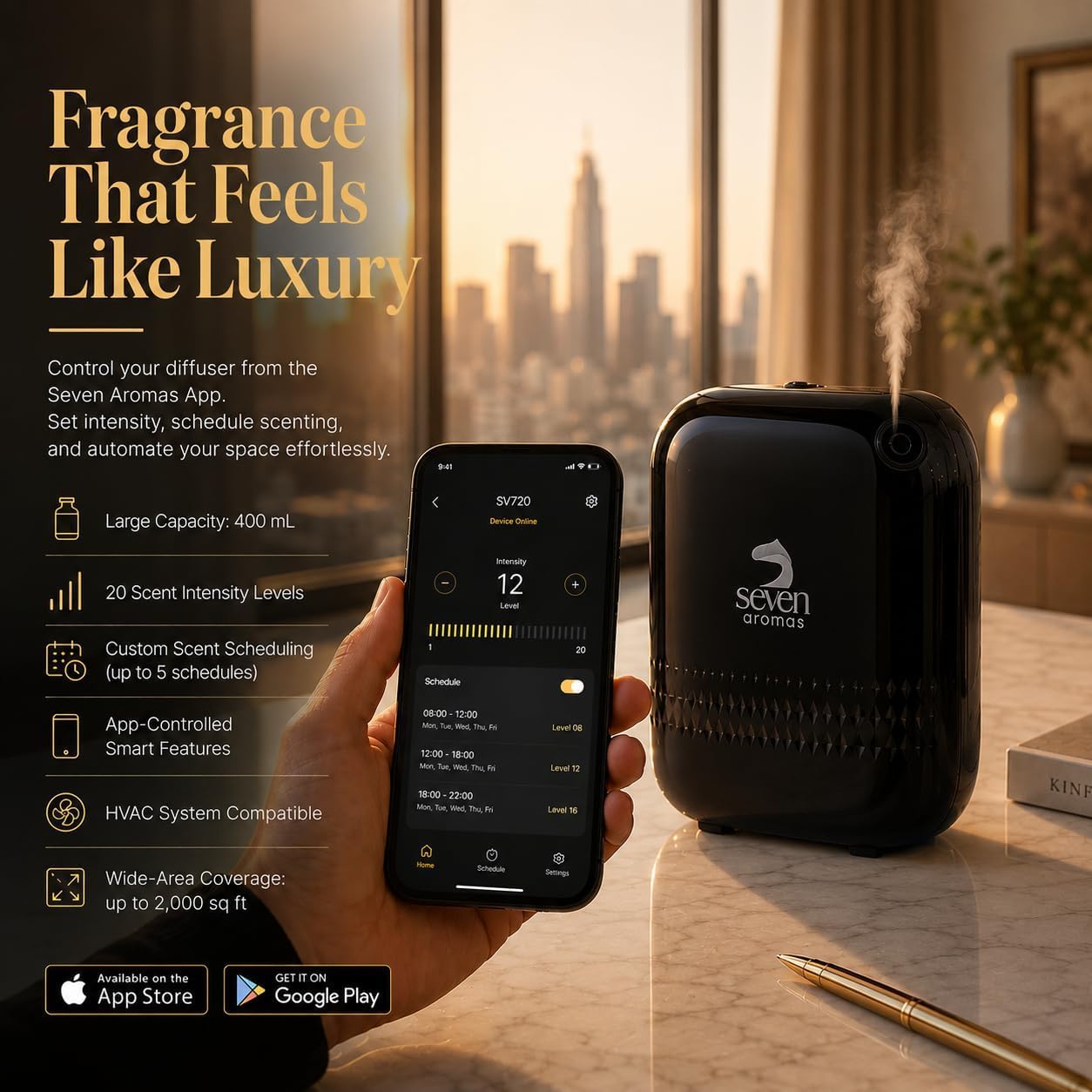 SEVENAROMAS SV720 - Difusor de aroma - Aplicación Bluetooth, máquina de aire para uso doméstico y comercial, cubre 2000 pies cuadrados, difusores portátiles sin agua para habitación grande (negro)