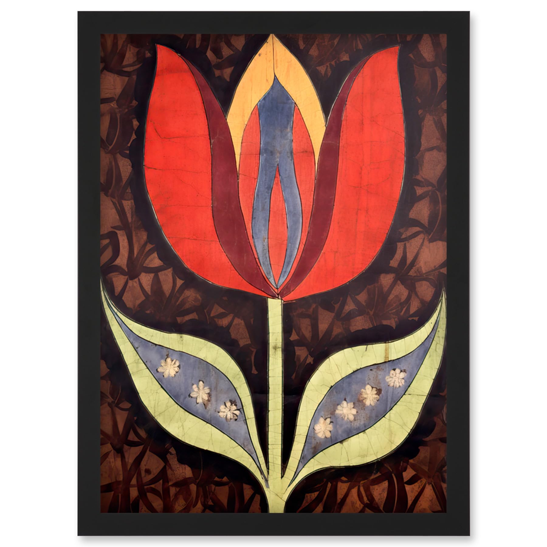 Artery8 A Single Tulip Flower Batik Style Pattern Folk Art Artwork Framed Wall Art Print A4