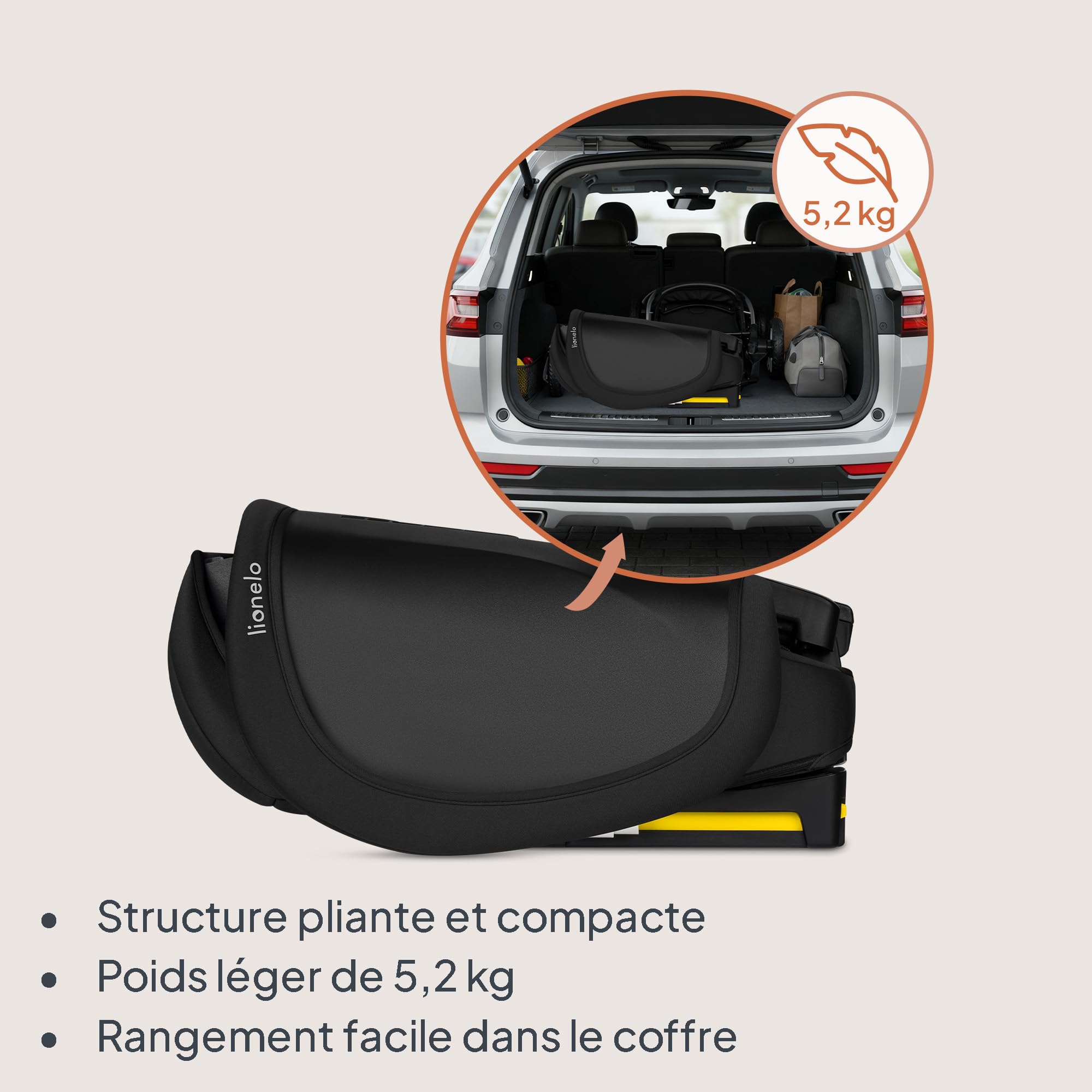 Lionelo Orin i-Size Siège-auto Pliable 100–150 cm, siege auto enfant compact pour 3,5–12 ans, Siège Auto de Voyage avec appui-tête 14 positions, installation ISOFIX ou ceinture (BLACK CARBON)
