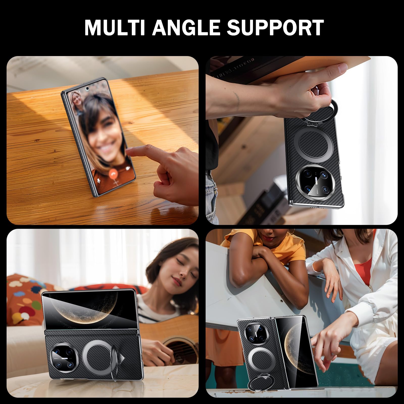 Pokrowiec ze skóry bydlęcej do Huawei Mate X6, magnetyczny uchwyt pierścieniowy z teksturą włókna węglowego etui z klapką luksusowa ochrona całego korpusu osłona z prawdziwej skóry, niebieski,
