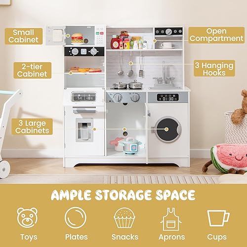 Miniatura 14 de HONEY JOY Juego de cocina para niños, cocina de juego de madera para niños pequeños, máquina de hielo y cafetera, estufa, grifo, microondas, armario