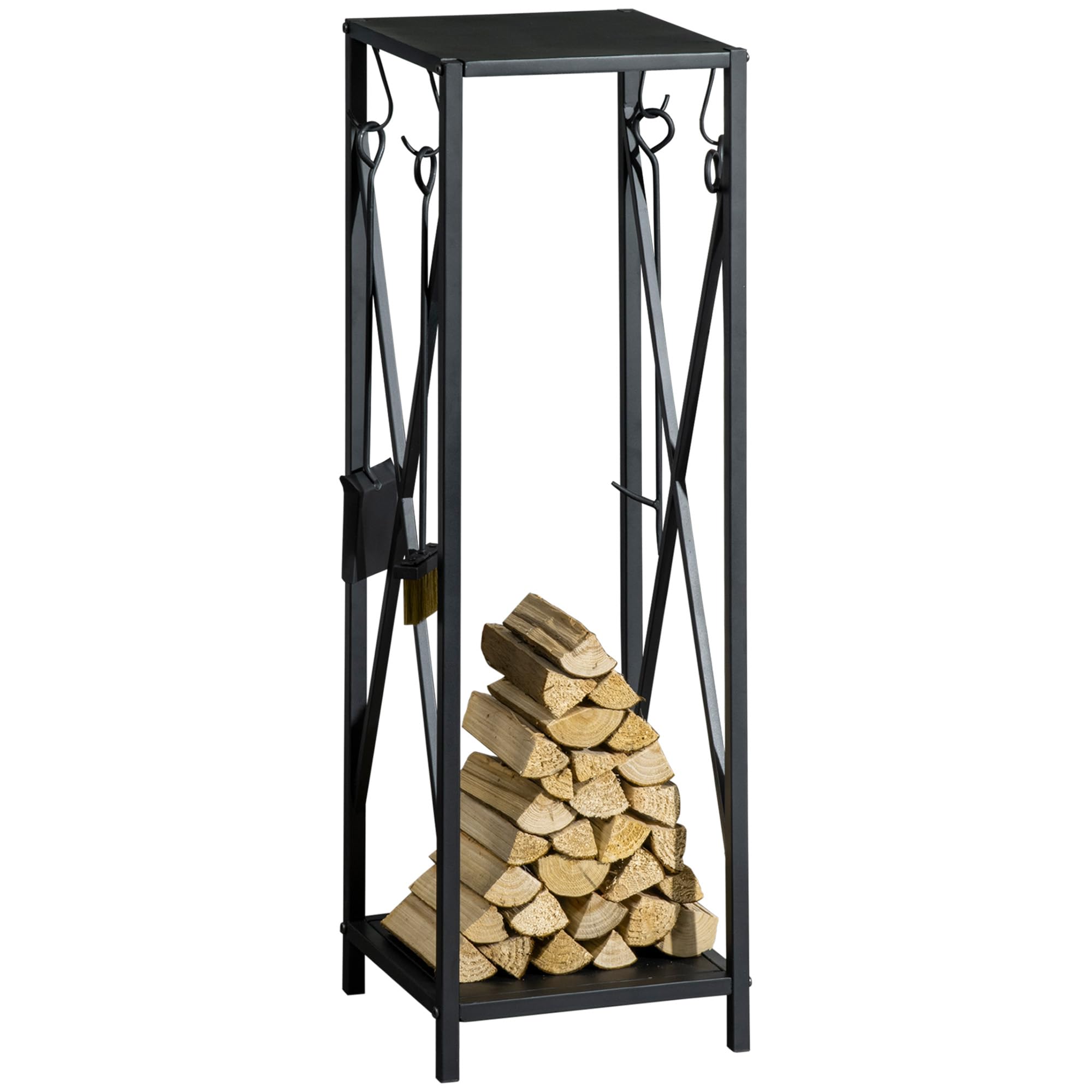 Outsunny Soporte para Leña Estante de Leña Metálico Leñero de Exterior con Ganchos Pala Cepillo Atizador y Tenazas Carga 65 kg para Interior y Exterior 34x34x111 cm Negro