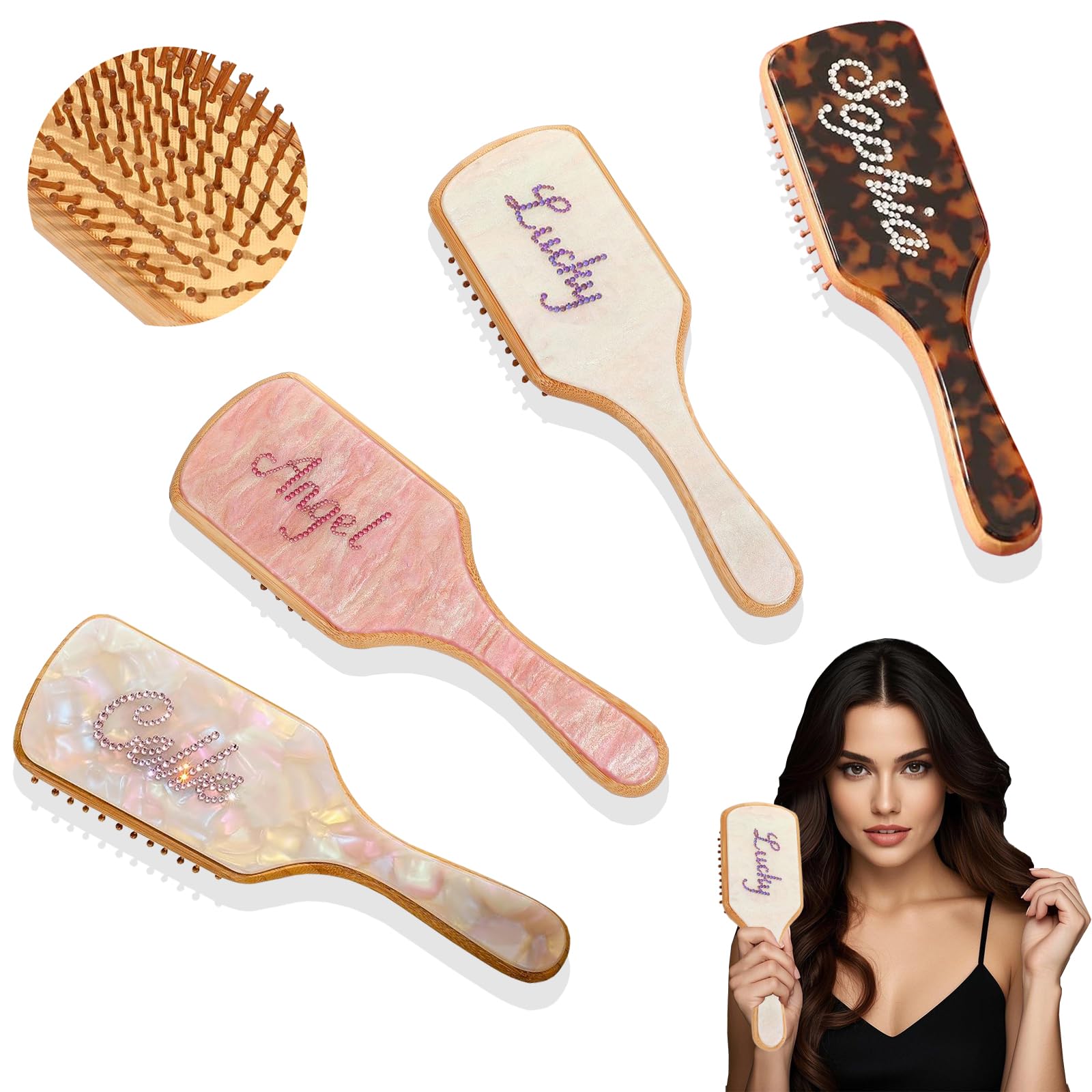 Personalised Name Hair Brush with Rhinestone, Bamboo Wood Hair Brush for Women, Men and Kids for Long Thin Hair, Health and Scalp Massage for