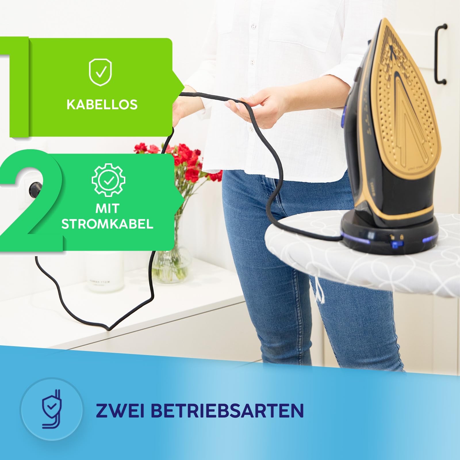 MPM Dampfbügeleisen Kabellos mit Keramischer Bügelsohle MZE-26-2600W - Anti-Drip - Self-Clean - LED-Anzeige - 2 Betriebsmodi - Kabellos und Mit Kabel