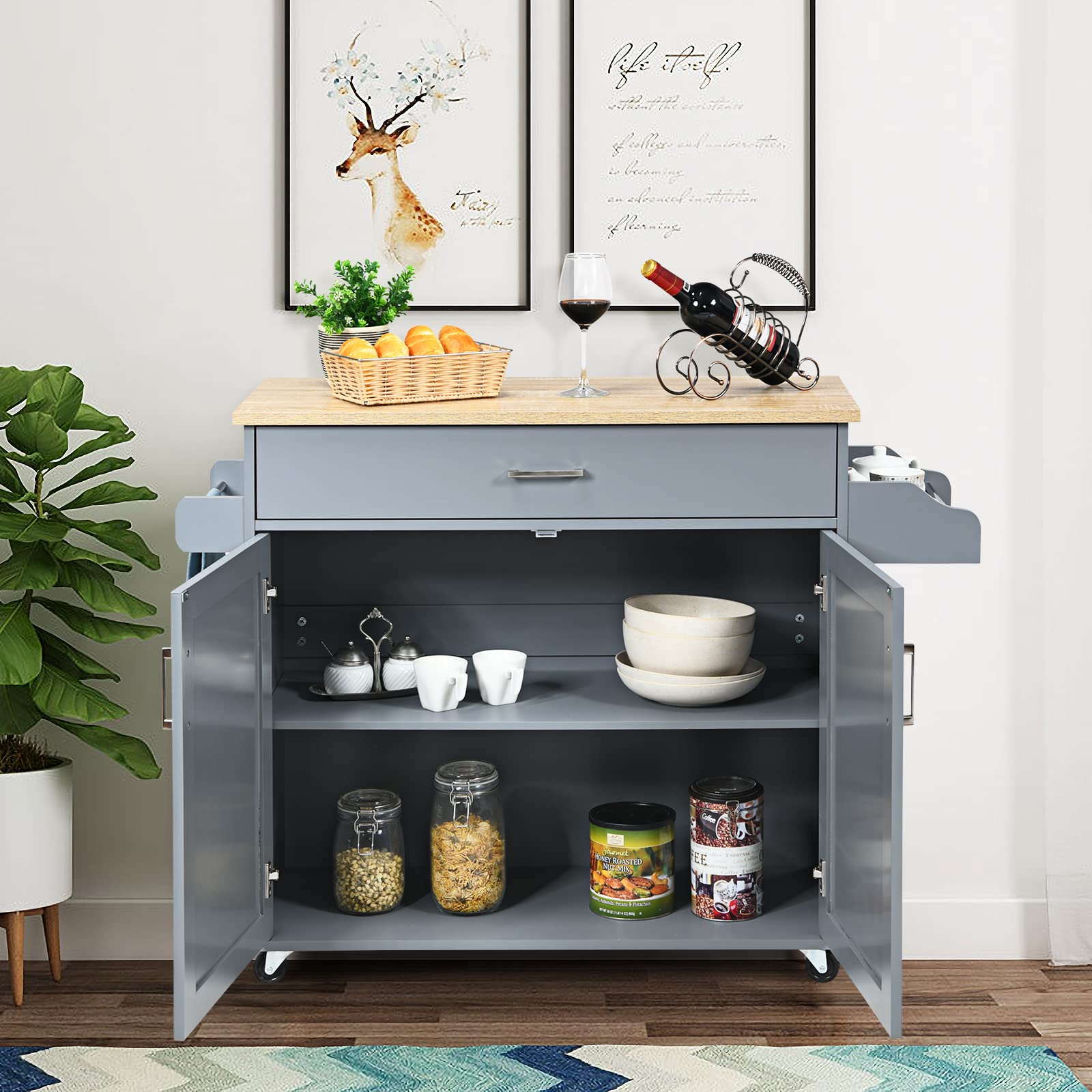 GYMAX Carrello Portata da Cucina, Armadietto a 2 Livelli, Ripiano Interno Regolabile, Credenze Mobili con Ruote, Ante Doppio, Cassetto, Portaposate, Portasciugamani, 116x40x85 cm, 5 Colori