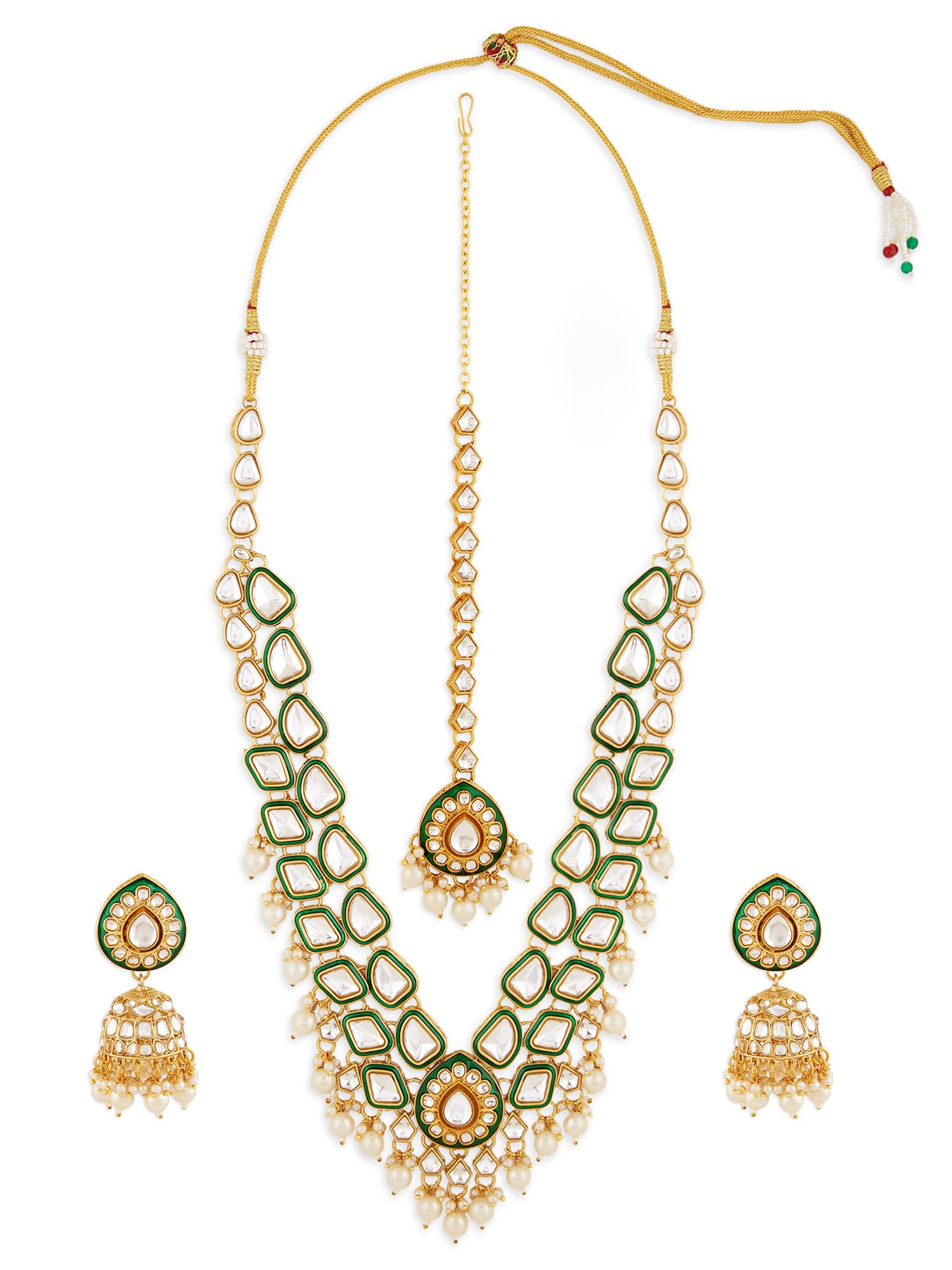 Green Meenakari Dazzling Stones Beads Bridal Necklace Earring & Maangtikka Set For Women-ZPFK18886