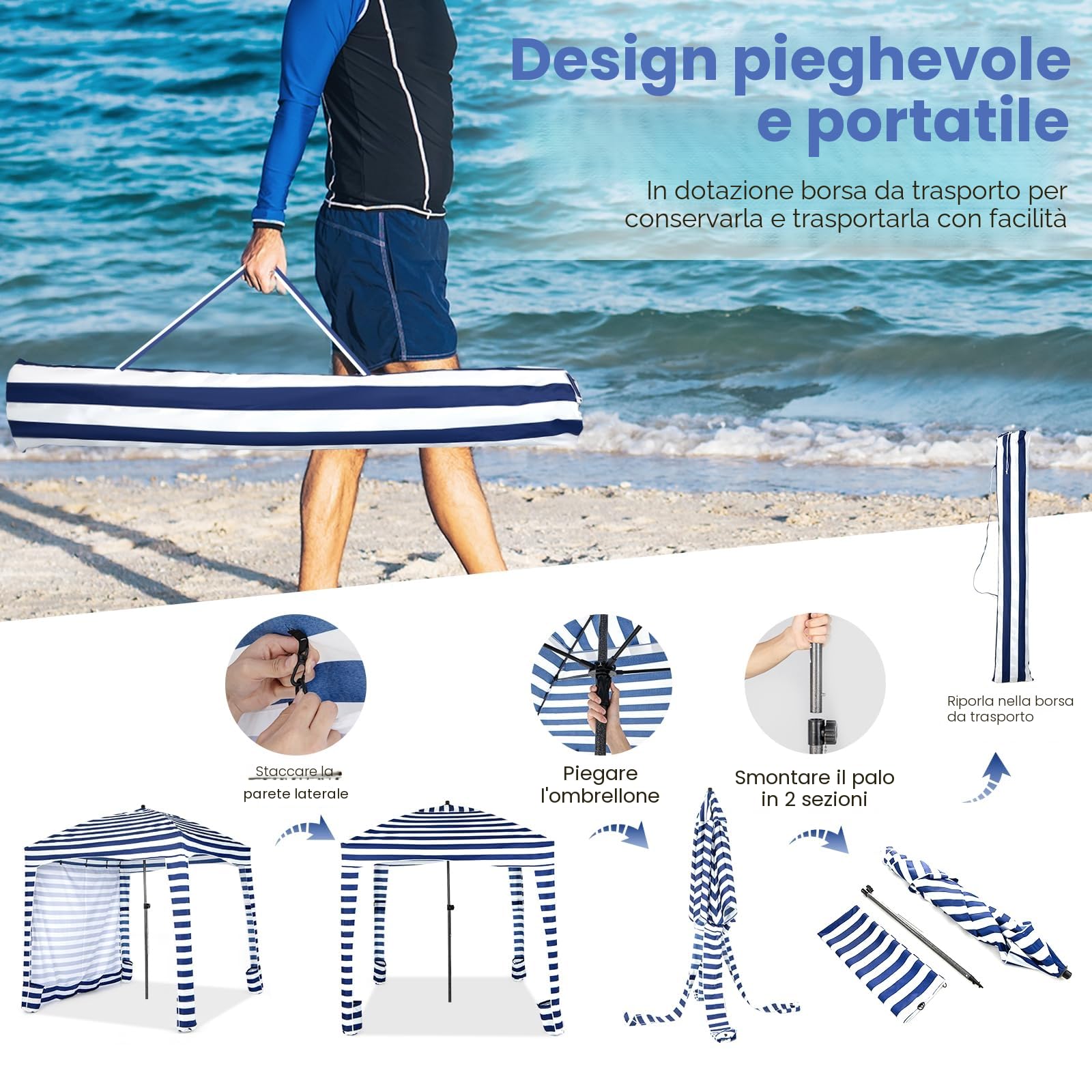 HOMASIS Tenda da Spiaggia Portatile 1,8 x 1,8 m, Parasole Spiaggia con Protezione Solare Regolabile in Altezza, Gazebo con Parete Laterale Rimovibile, Tenda con Borsa per il Trasporto (Blu)