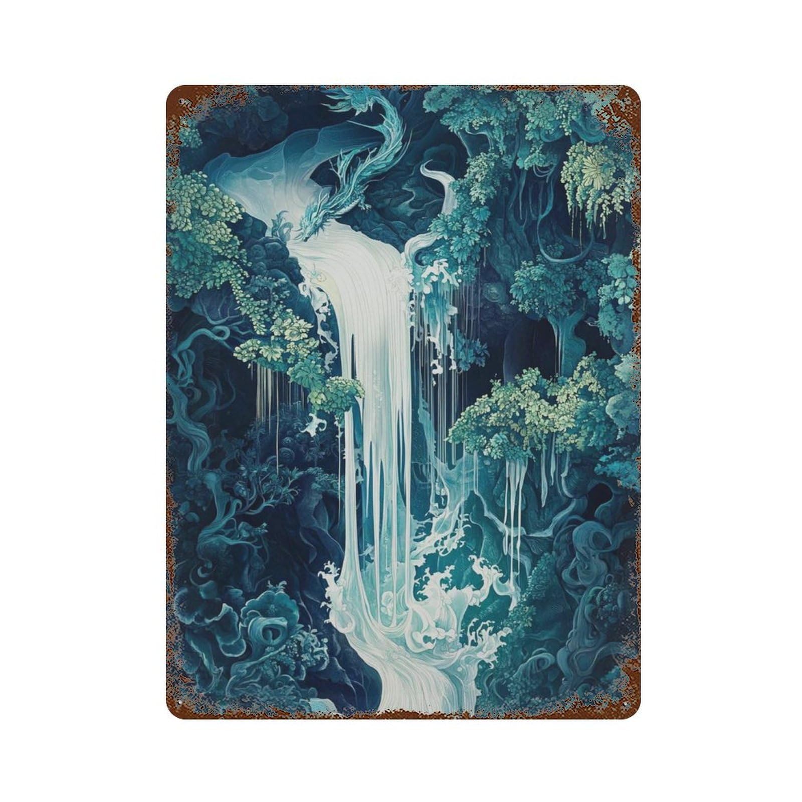 xiaoxiaoshen Fantasy Waterfall Mystical Dragon Dreamlike Landscape Ethereal Magical Forest Wall Decor Art Metal Tin Poster Modern Home Decor Art Home Bar Shop Decorations Vintage Sign 40x30cm