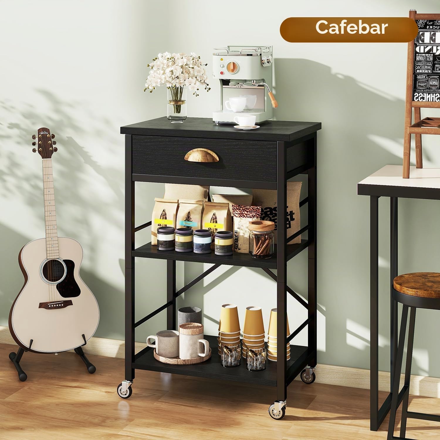IBUYKE - Estante de cocina para panadería con cajones, soporte para horno de microondas de 3 niveles con almacenamiento, mesa de barra de café con ruedas, estante ajustable, montaje simple, negro