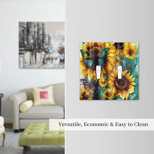Miniatura 7 de Cubierta de placa de pared de 2 cuadrillas con diseño de girasoles amarillos grandes, diseño de mariposa verde y verde azulado, cubierta de