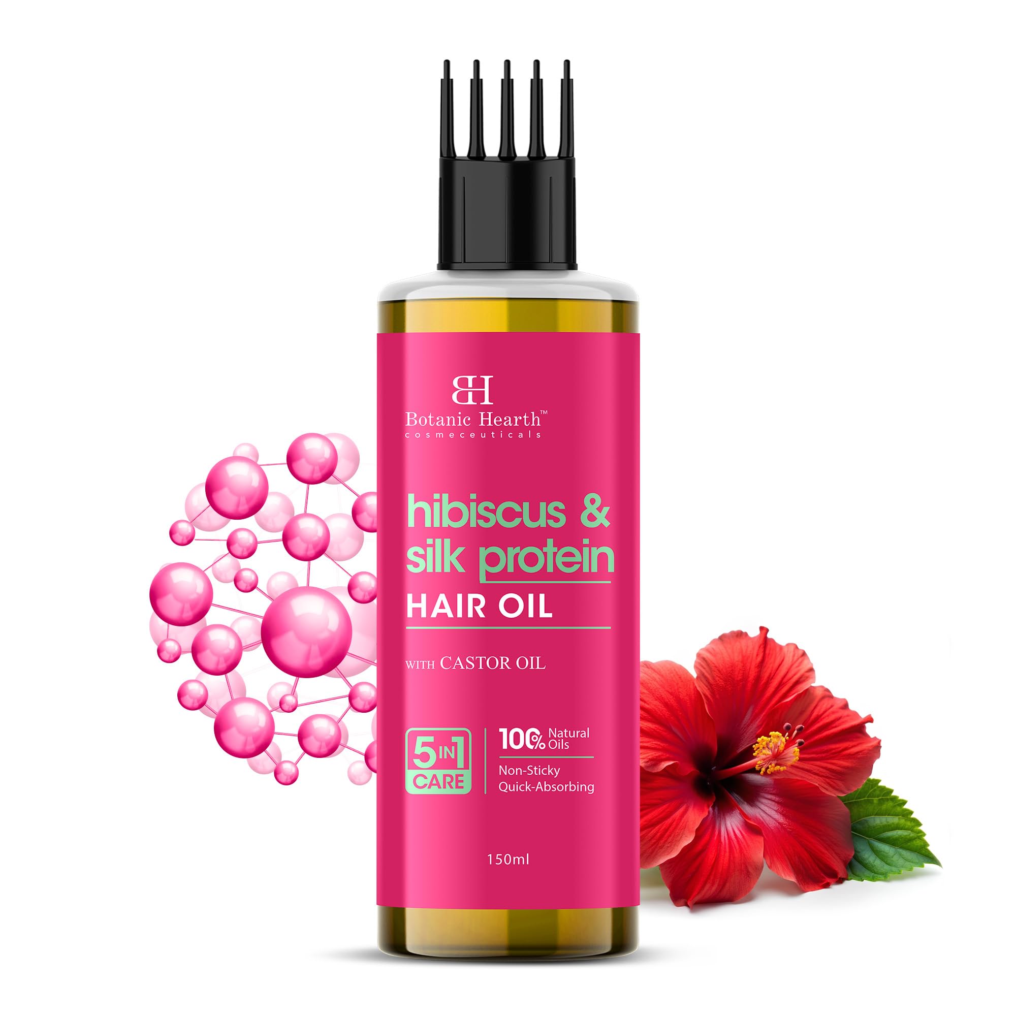 Botanic Hearth Hibiscus Silk Protein Hair Oil – 150ml – Nourishes & Strengthens Hair, Enhances Shine, Reduces Frizz, Promotes Healthy Hair Growth with Castor Oil - with Hair Oil Applicator