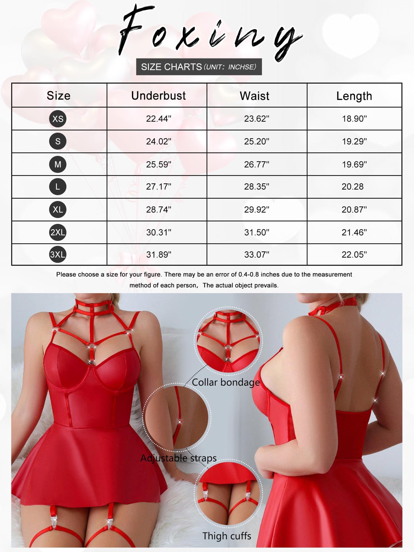 Foxiny Sexy Strappy Leather Underwire Choker Garter Belt Mini Lingerie Set Dress with Thong 3 Piece