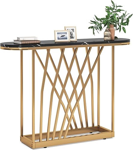 Miniatura 9 de Tribesigns Mesa consola dorada mesa de sofá negra moderna de 43 pulgadas con mármol sintético mesa ovalada de madera para pasillo mesa de entrada