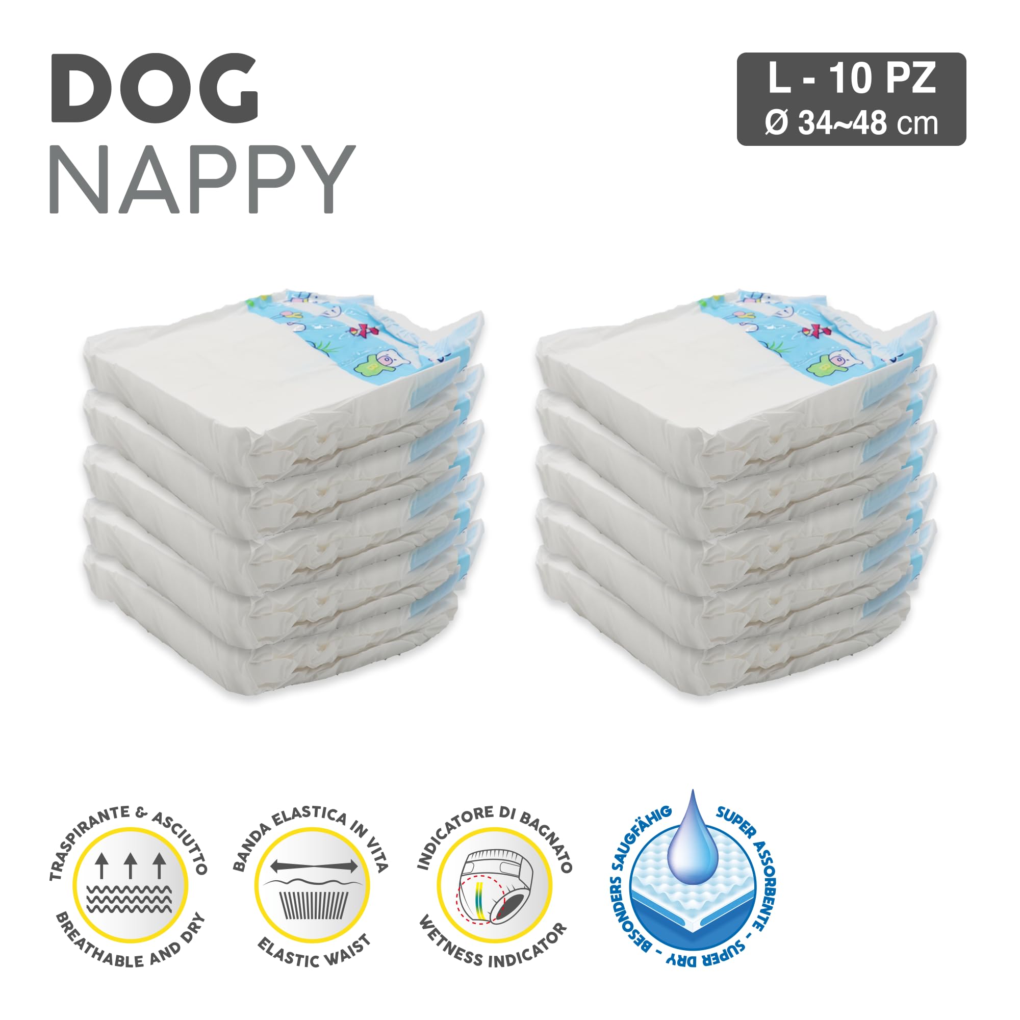 Croci Dog Nappy - Mutanda Assorbente per cani femmine, taglia L - Ø 34-48 cm, Pannolino igienico ciclo e pipi cane, Antiodore, Usa e getta, Chiusura adesiva regolabile, 10 pz