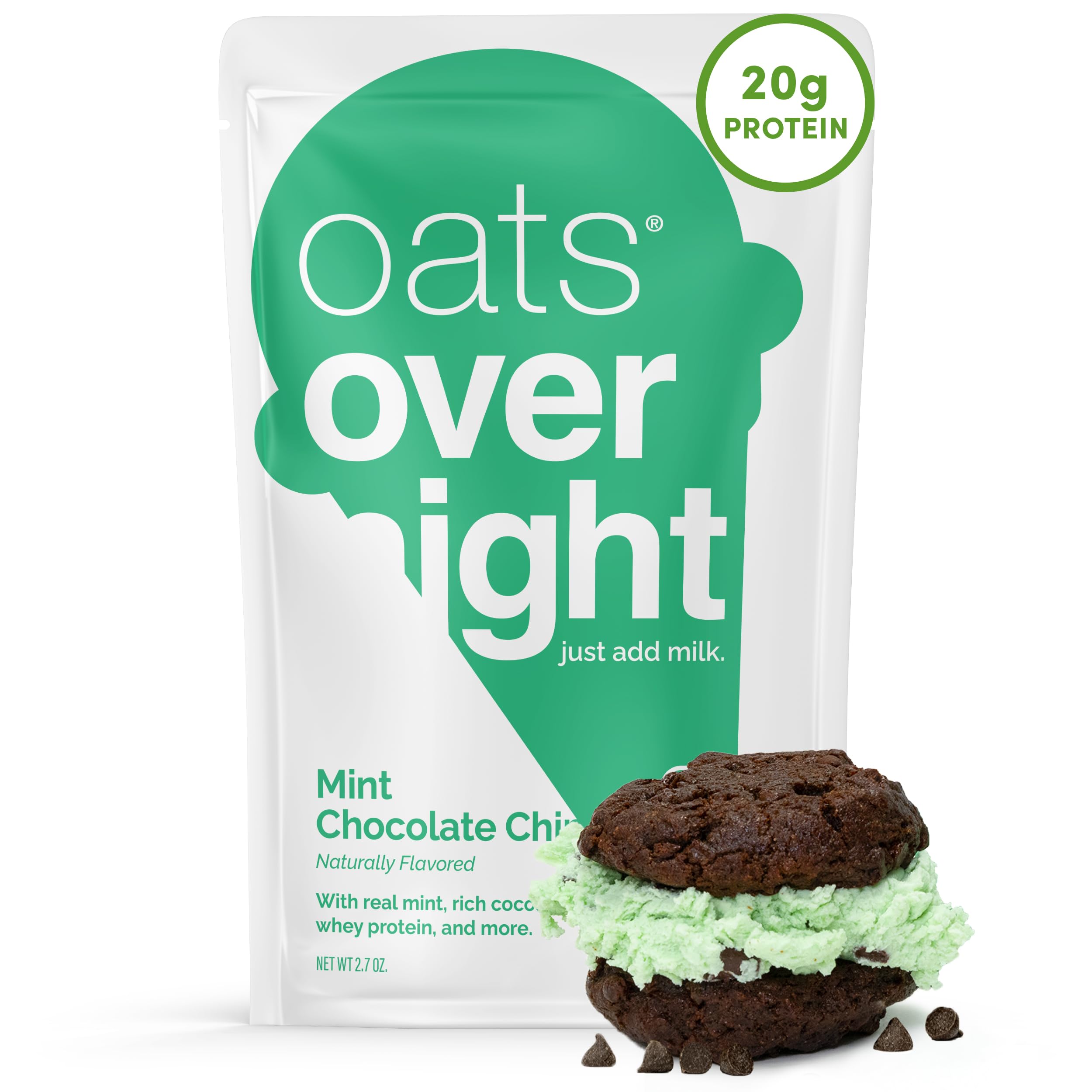 Oats Overnight Mint Chocolate Chip - Overnight Oats with 20g Protein, High Fiber Breakfast Protein Shake - Gluten Free Oatmeal, Non GMO High Protein Oatmeal (2.7 oz per meal) (8 Pack)