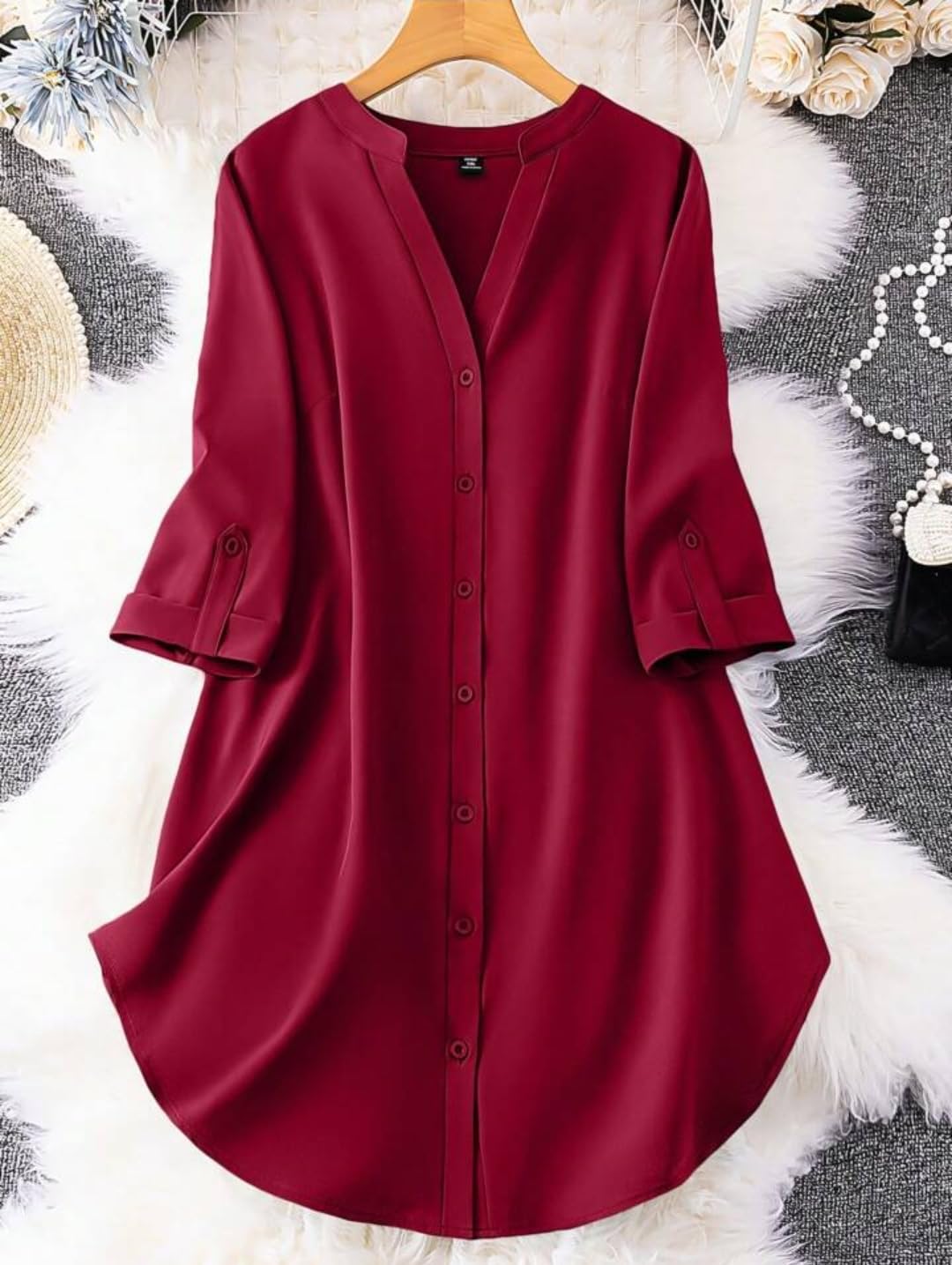 Gufrina Dresses For Women||Viscose Rayon Solid Button Front Shirt Dress For Women || Roll Tab Sleeve & Collared Neck Flared Dress ||Front Open Button|| Office || Short Dresses For Women.(Red Xl)