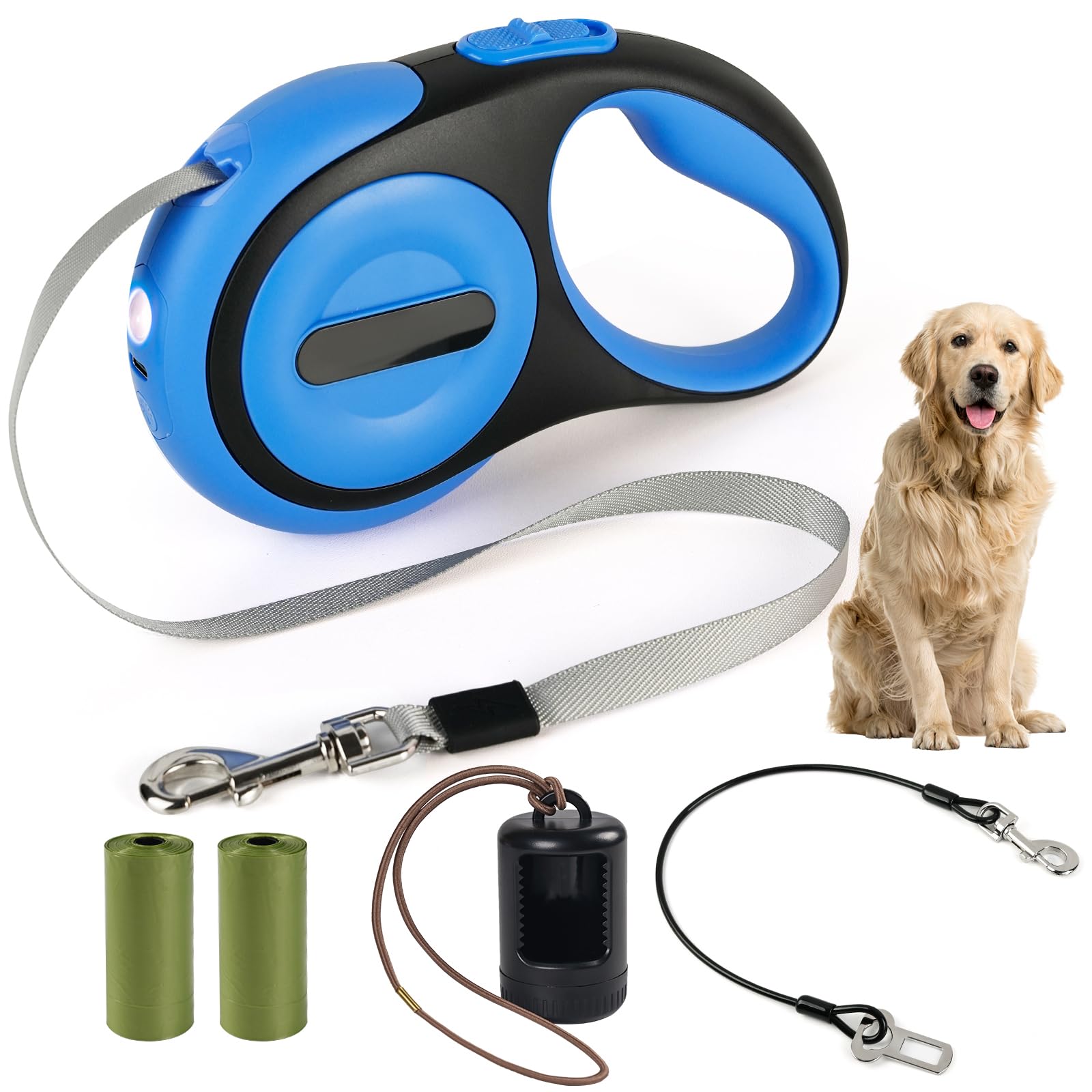 Retractable Dog Leash for Small Dogs-Medium Pet, 16ft for Dog up to 75lbs, with Rechargeable LED Light, Dispenser, Poop Bags, 360° No Tangle, One-Handed Brake & Lock. (Blue, 16ft 75lb)