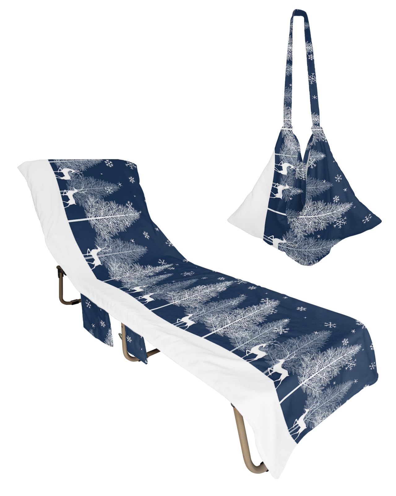 Christmas Elk Beach Chair Towel Covers for Chaise Lounge with Side Pocket, Soft Plush Pool Towels Cover for Patio Sunbathing Outdoor 29''x85'' Forest Winter Deer Xmas Tree Blue