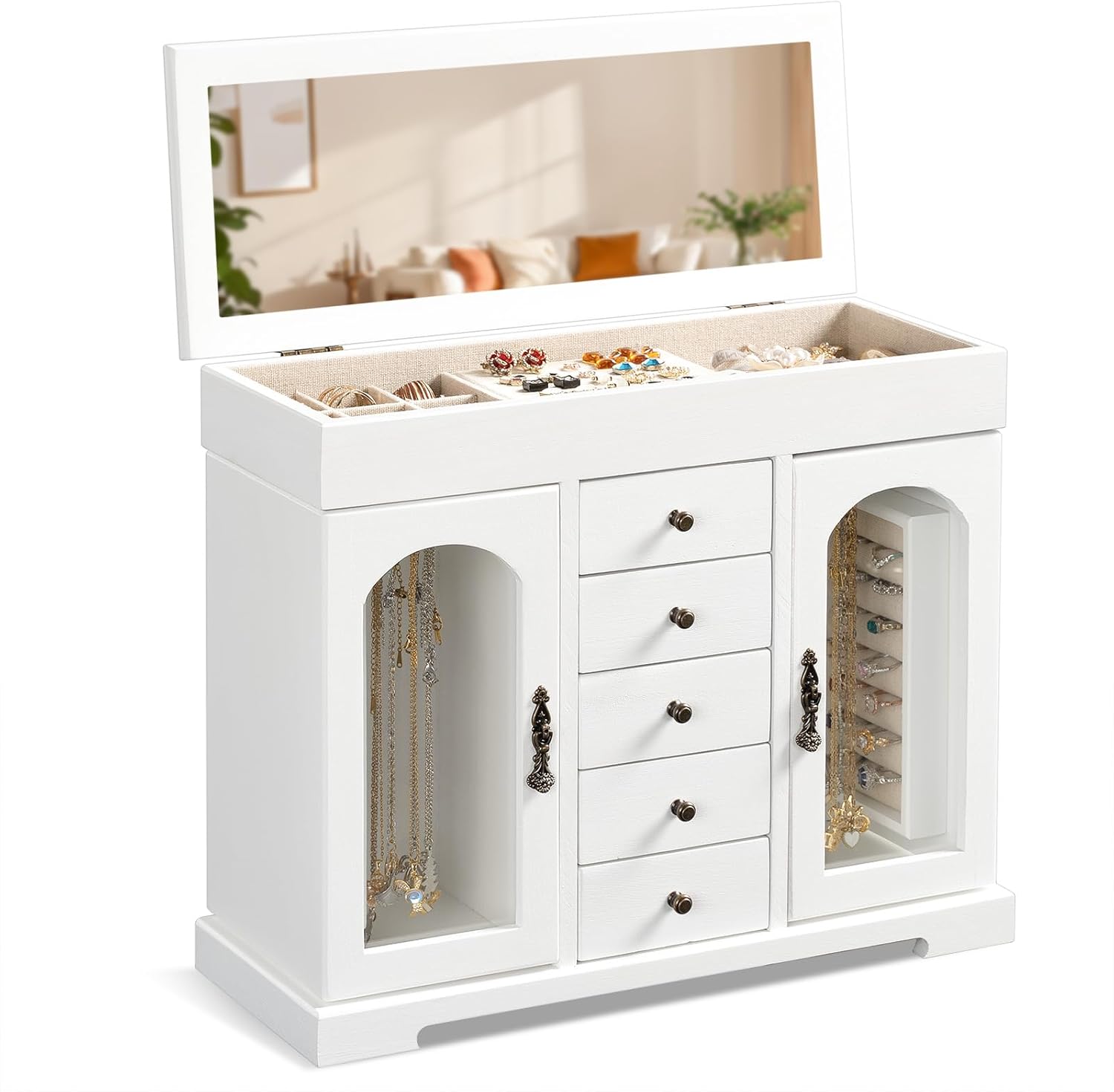 miratino jewelry box for women girls, wooden jewelry organizer box with mirror, 5 layer jewelry storage case display for necklaces earrings rings bracelets valentine's day gifts white