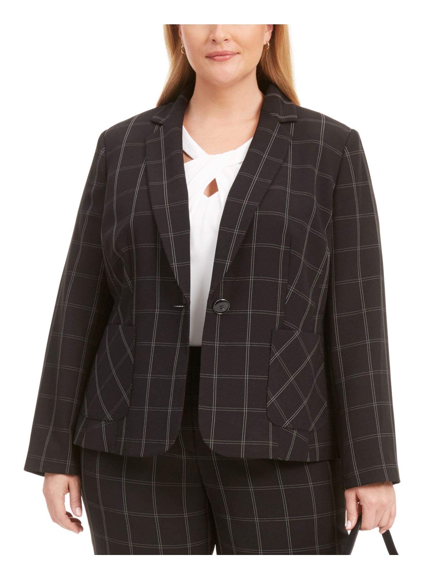 KasperWomens Woven Window Pane One-Button Blazer Black-Ivory 16