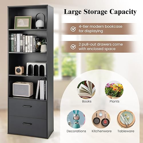 Miniatura 8 de Giantex Estantería de 4 niveles de 74 pulgadas de alto con cajones, estantería estrecha negra independiente con kits antivuelcos, armario de