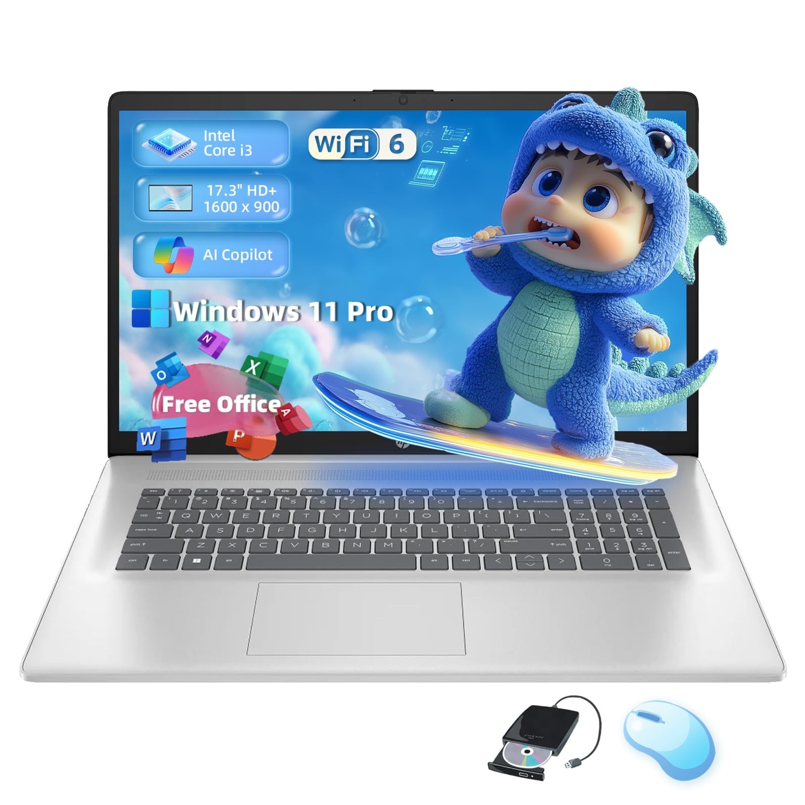 HP Flagship 17 Laptop Computer - 17.3" 250 nits Display, Intel i3-N305, 32GB RAM, 1TB PCIe SSD, Windows 11 Pro, Office Pro Lifitime, Numeric Keypad, Wi-Fi 6, Copilot, w/DVD Drive