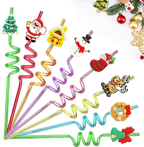 24 popotes de Navidad reutilizables, regalos de fiesta de Navidad, pajitas de plástico con Papá Noel, muñeco de nieve, calcetines de árbol de