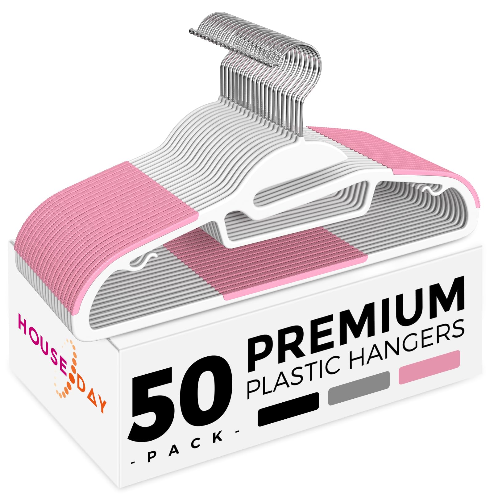 HOUSE DAY Heavy Duty Plastic Hangers 50 Pack, Pink Slim Clothes Hangers Space Saving, Non Slip Hangers with Rubber Pads, Durable Coat Hangers for Closet, S-Shaped Hangers for Shirt, Suit, Pant, Skirt