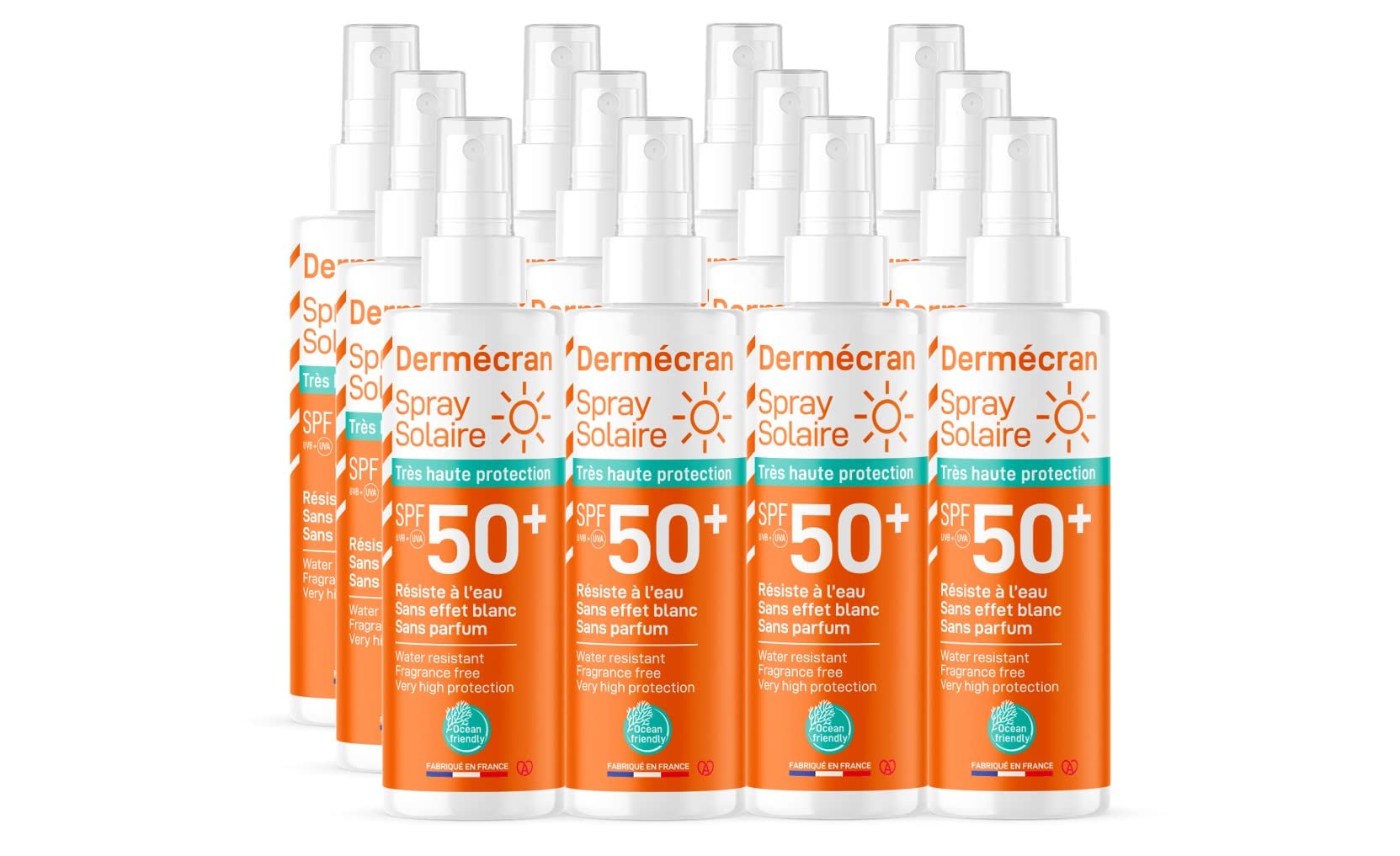 Lot de 12 - Dermécran - Spray solaire SPF50+ - Visage et corps - Formule Ocean Friendly - Résiste à l'eau - Pour toute la famille dès 3 ans - Fabriquée en France - Spray de 200 ml