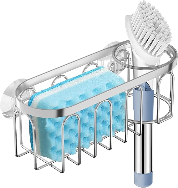 2-in-1 Sponge Holder for Kitchen Sink, Suction Cup Rack/Caddy, No Drill Rustproof Organizer for Place Dishwashing Brush Soap (Silver)