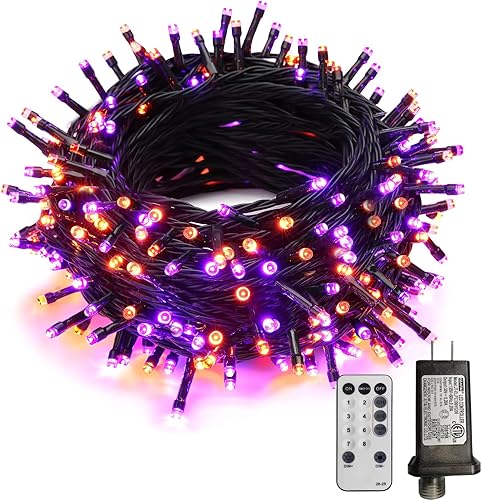 MEHOFOND Guirnalda de 300 luces LED de Halloween de 105 pies, color morado y naranja, 8 modos, impermeable, decoración de Halloween, suministros de