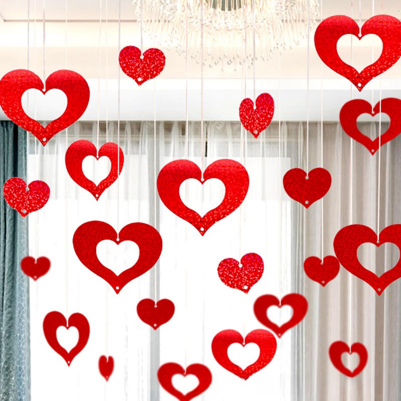 Valentine's Day Decoration 100 Pcs Red Heart Laser Sequined Rain Romantic Heart Hanging Streamer Banners for Party Decorations Engagement Wedding Anniversary