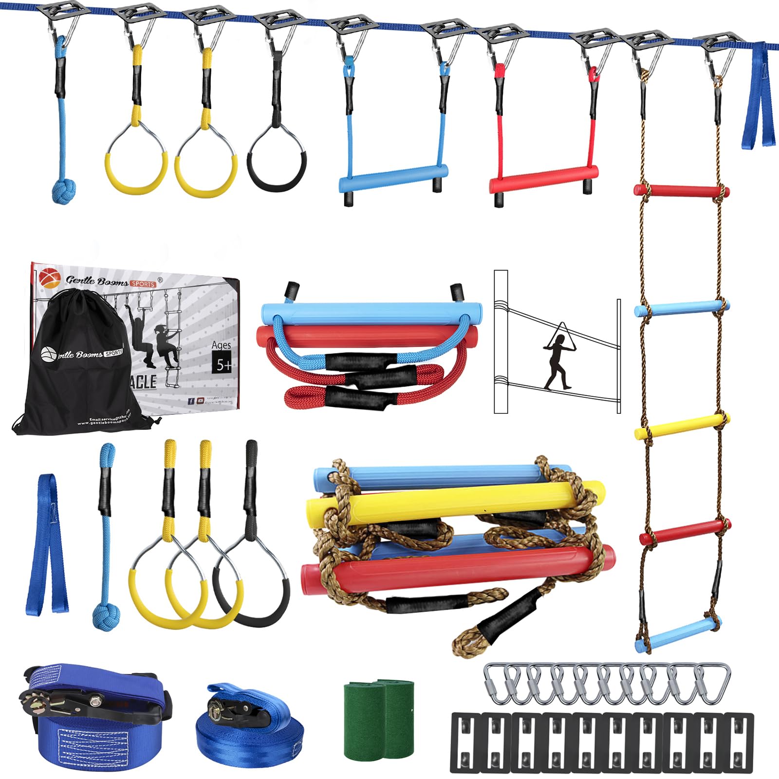 Gentle Booms Sports Ninja Warrior Obstacle Course for Kids, 2×56ft Ninja Line Kit with 8 Slackline Accessories - Monkey Bar, Rope Ladder, Gymnastic Ring, Arm Trainer and Monkey Fist