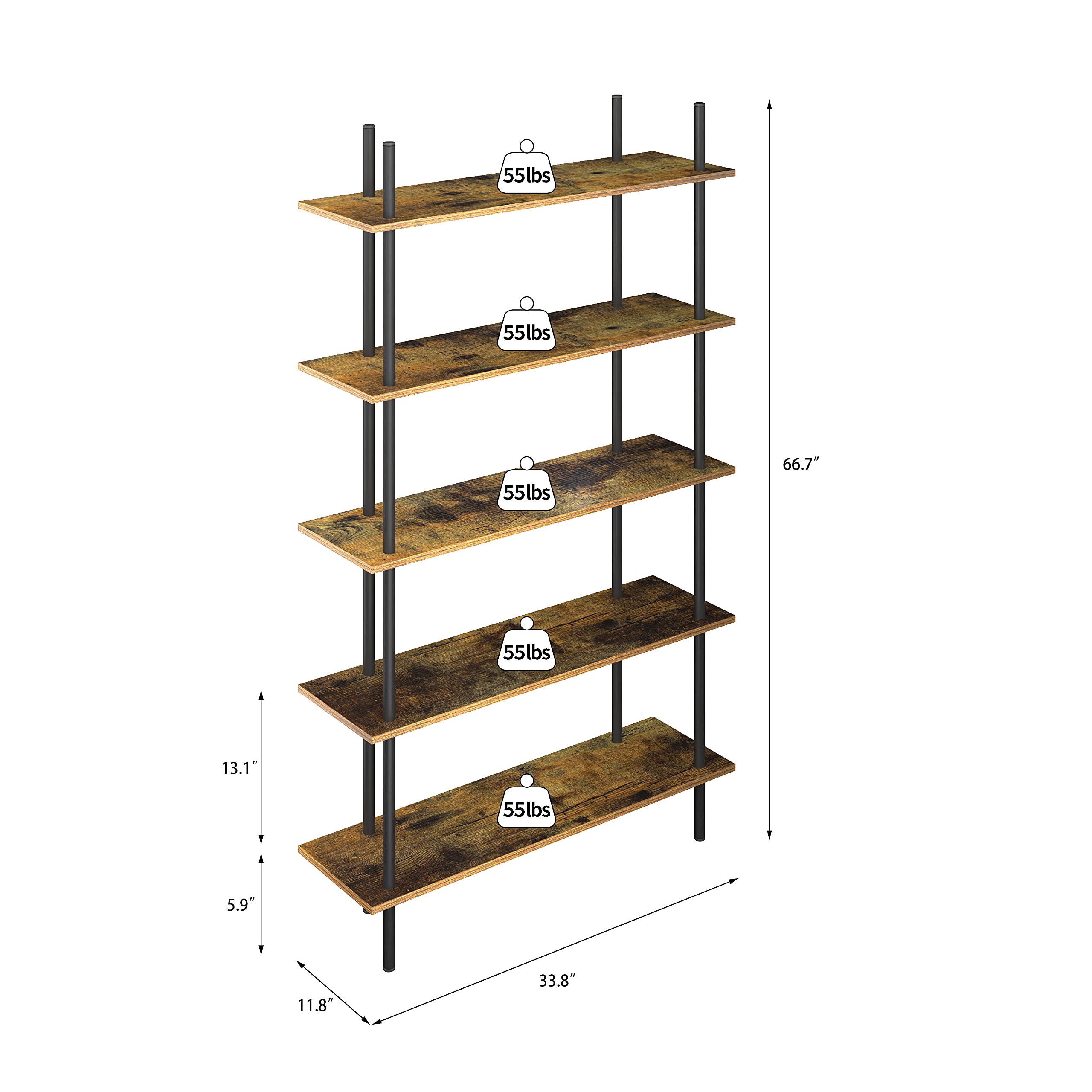 Buy 5 Tier Bookshelf, 66.7" Industrial Wood Bookcase Tall Bookshelves