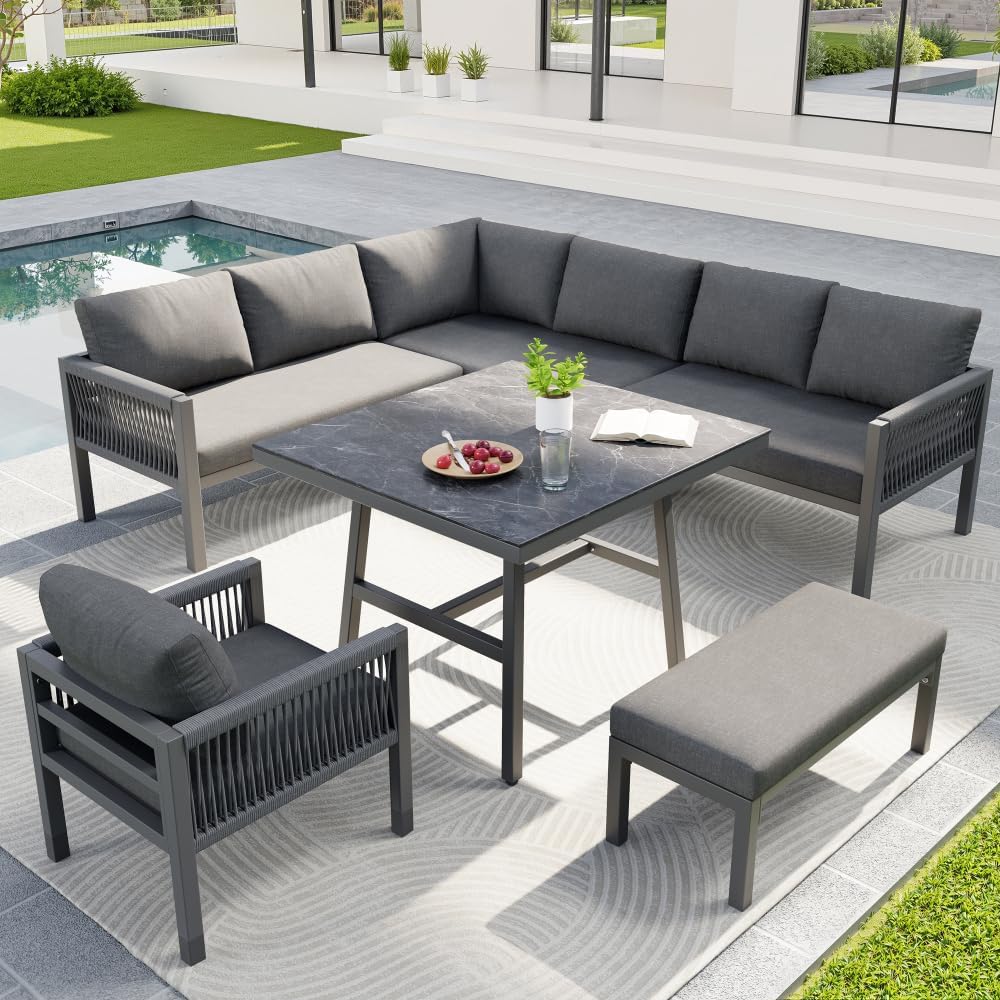 Conjunto de sofás de Exterior en Forma de L para 6-8 Personas, sofá Combinado de jardín Tejido a Mano, Conjunto de terraza con 1 Mesa (Madera y Vidrio) y 1 sillón, Muebles de jardín(Gris)