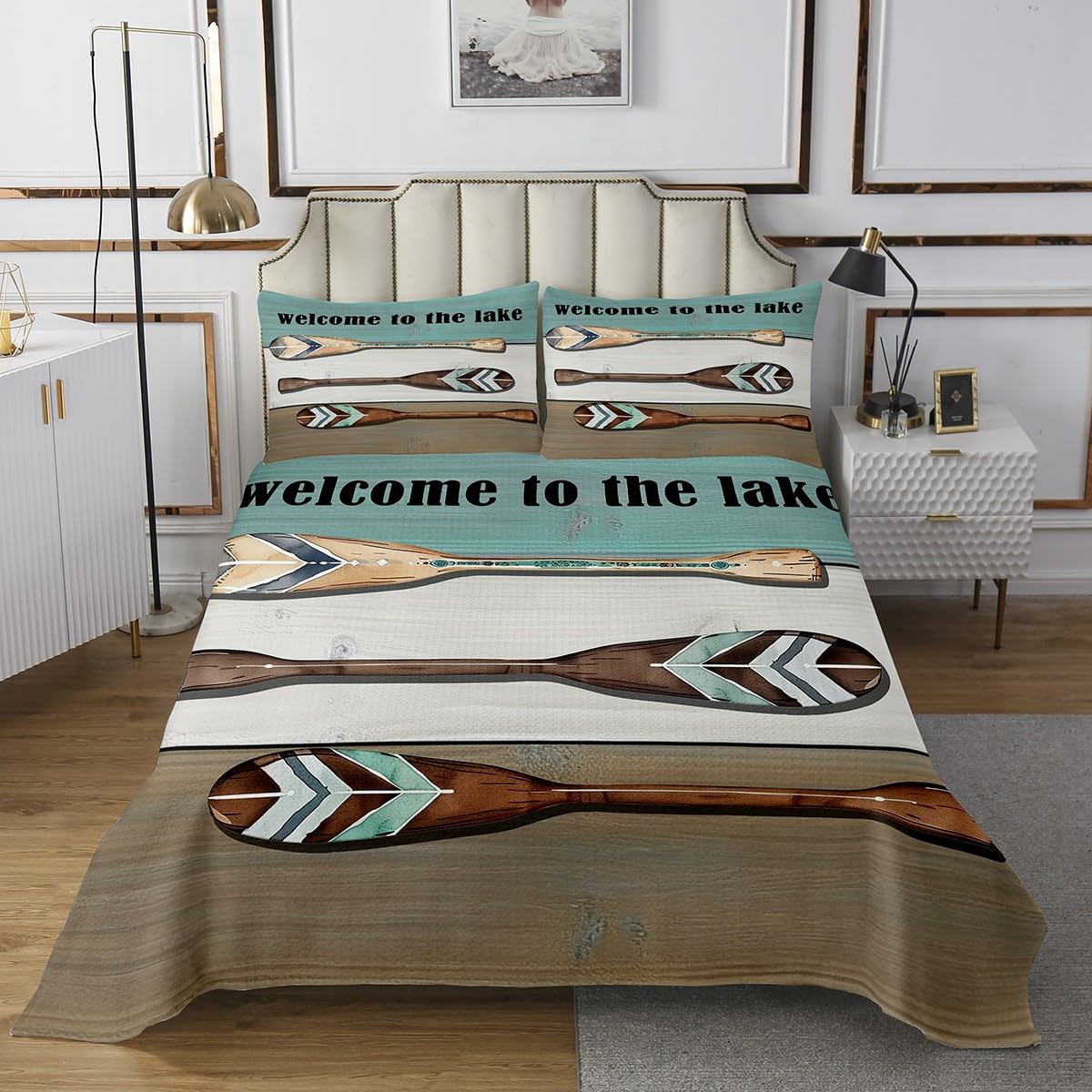 Lake House Bedspread King Size, Cabin Paddle Lake Life Theme Coverlet Set 3pcs, Rustic Farmhouse Wooden Plank Quilted Coverlet with 2 Pillowcases, Kids Boys Girls Room Decor, Soft Bedding Quilt