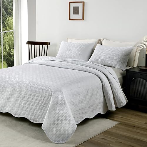 Miniatura 1 de Subcosy Juego de edredón tamaño matrimonialQueen color blanco puro 3 piezas colcha ligera suave decoración de cama para todas las estaciones 90 x 96